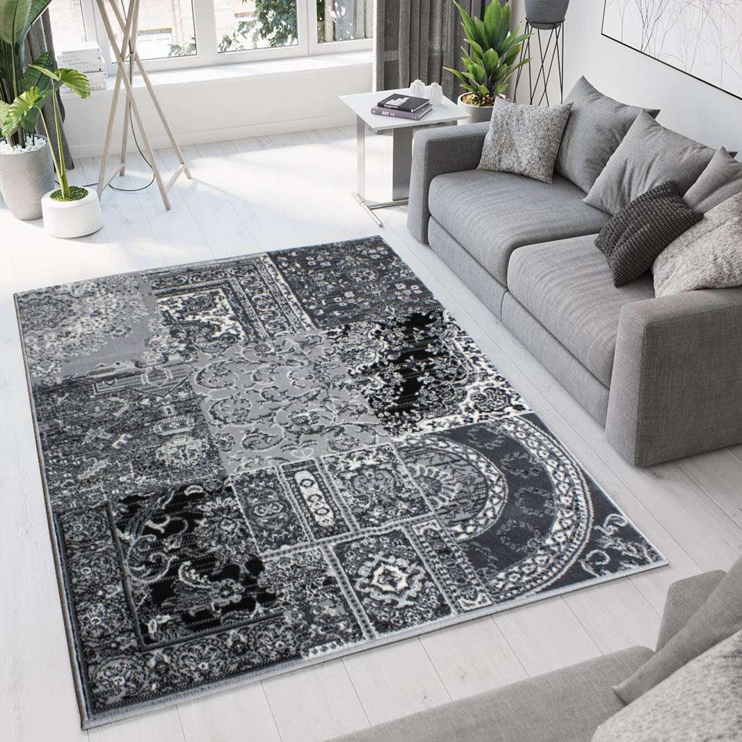 Black Grey Traditional Patchwork Living Room Rug - Image 2
