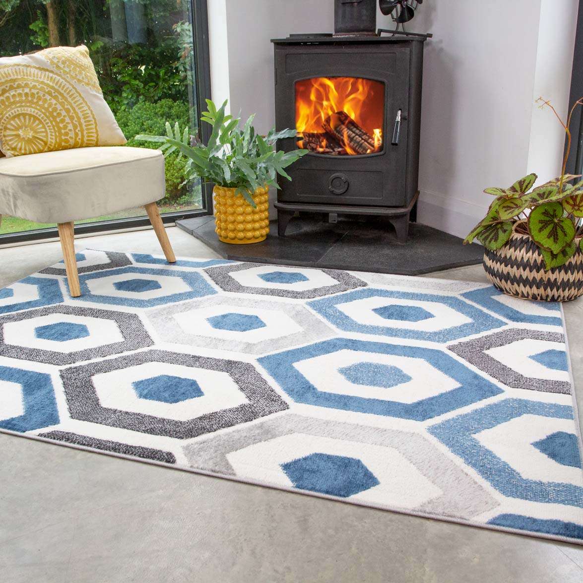 Blue Geometric Honeycomb Living Room Rug - Image 2