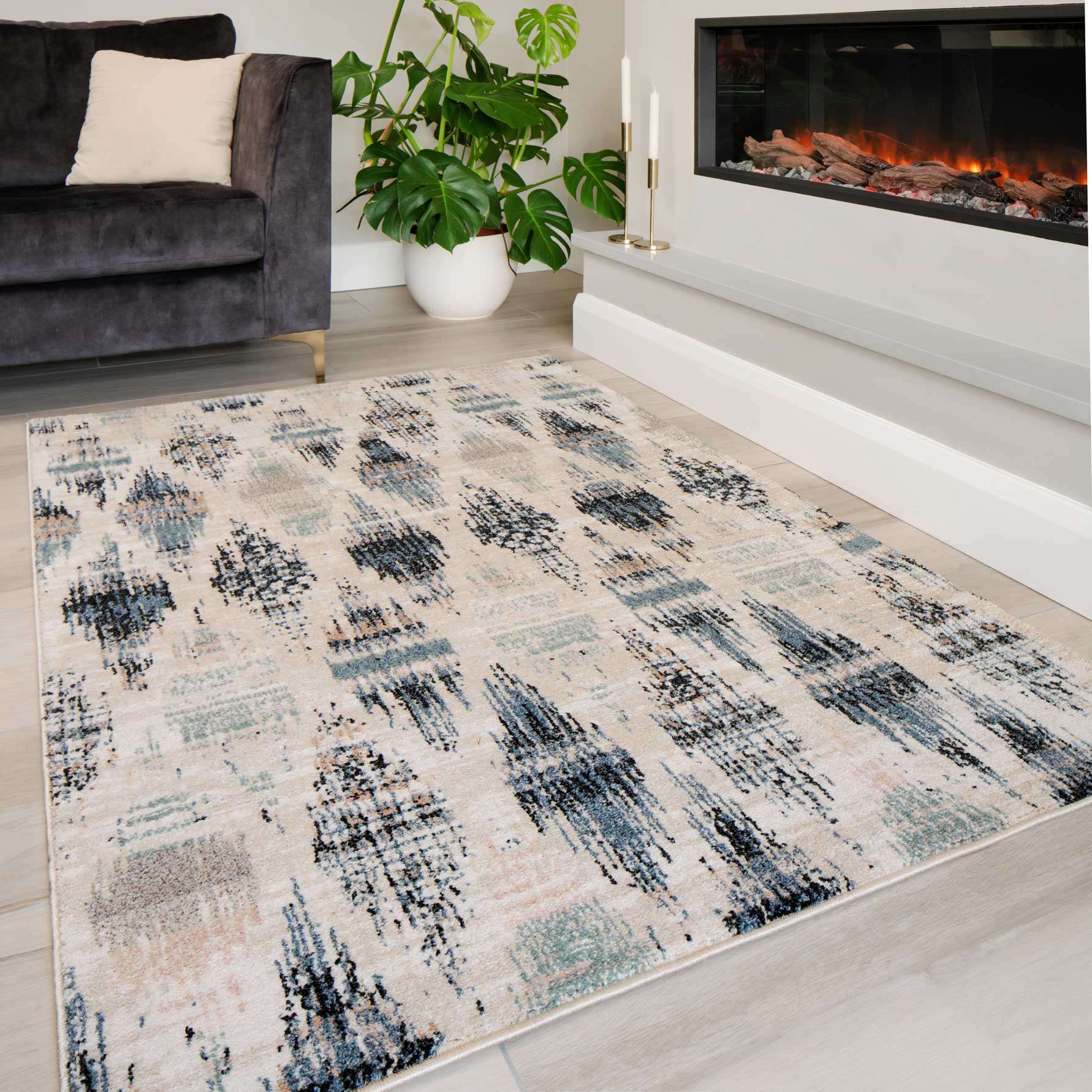 Blue Mottled Trellis Living Room Rug - Polly - Image 2