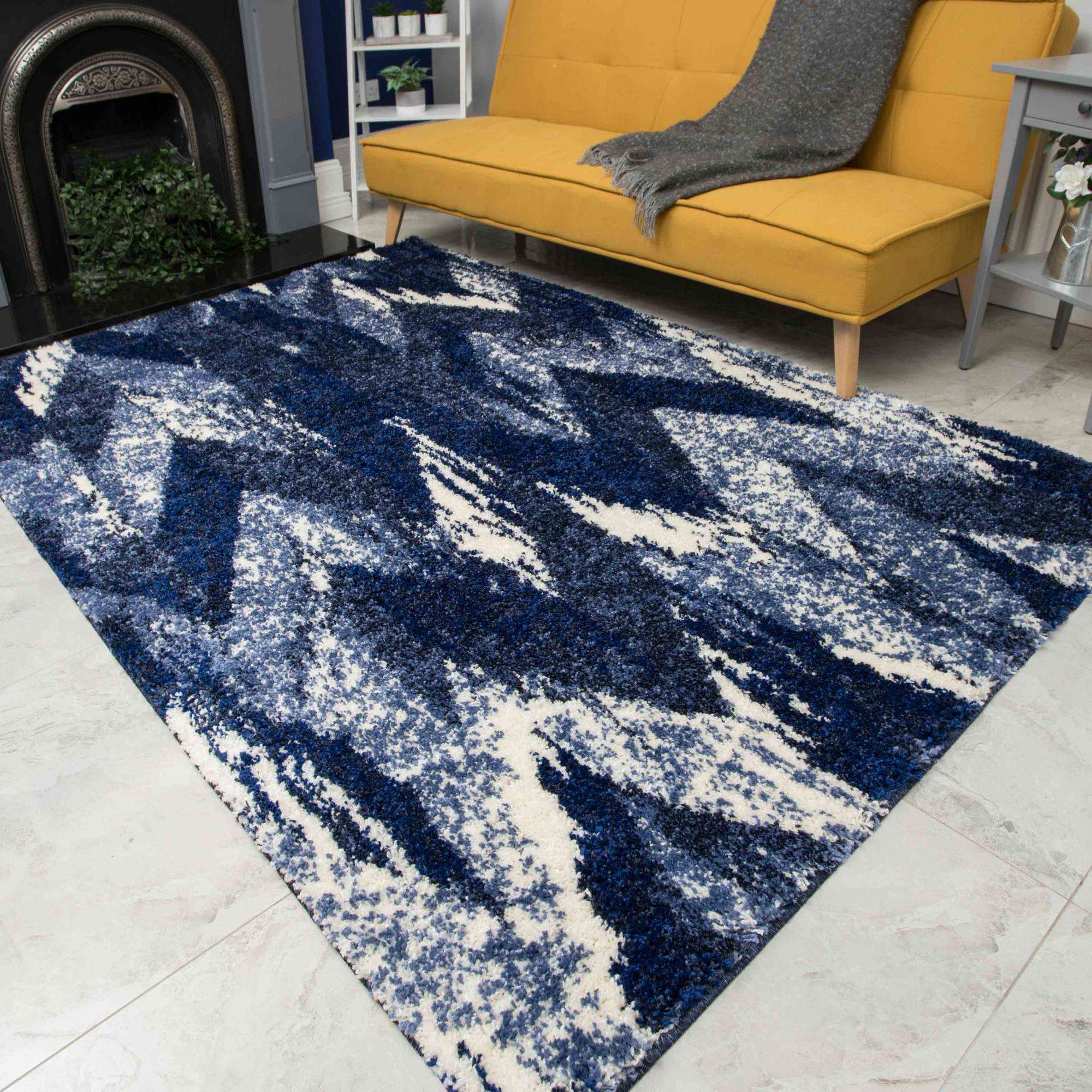 Blue Navy Chevron Mottled Shaggy Living Room Rug - Image 2