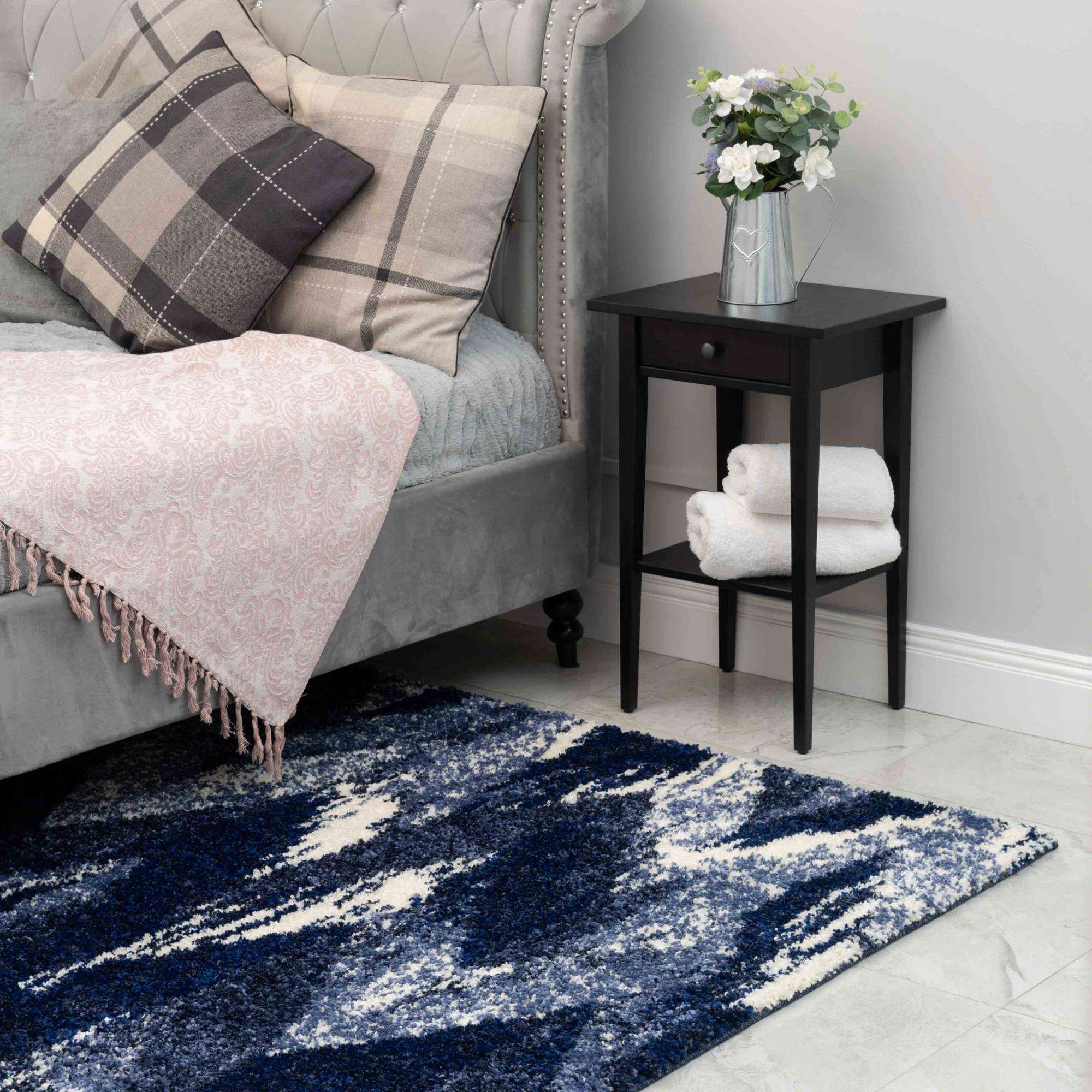 Blue Navy Chevron Mottled Shaggy Living Room Rug - Image 3