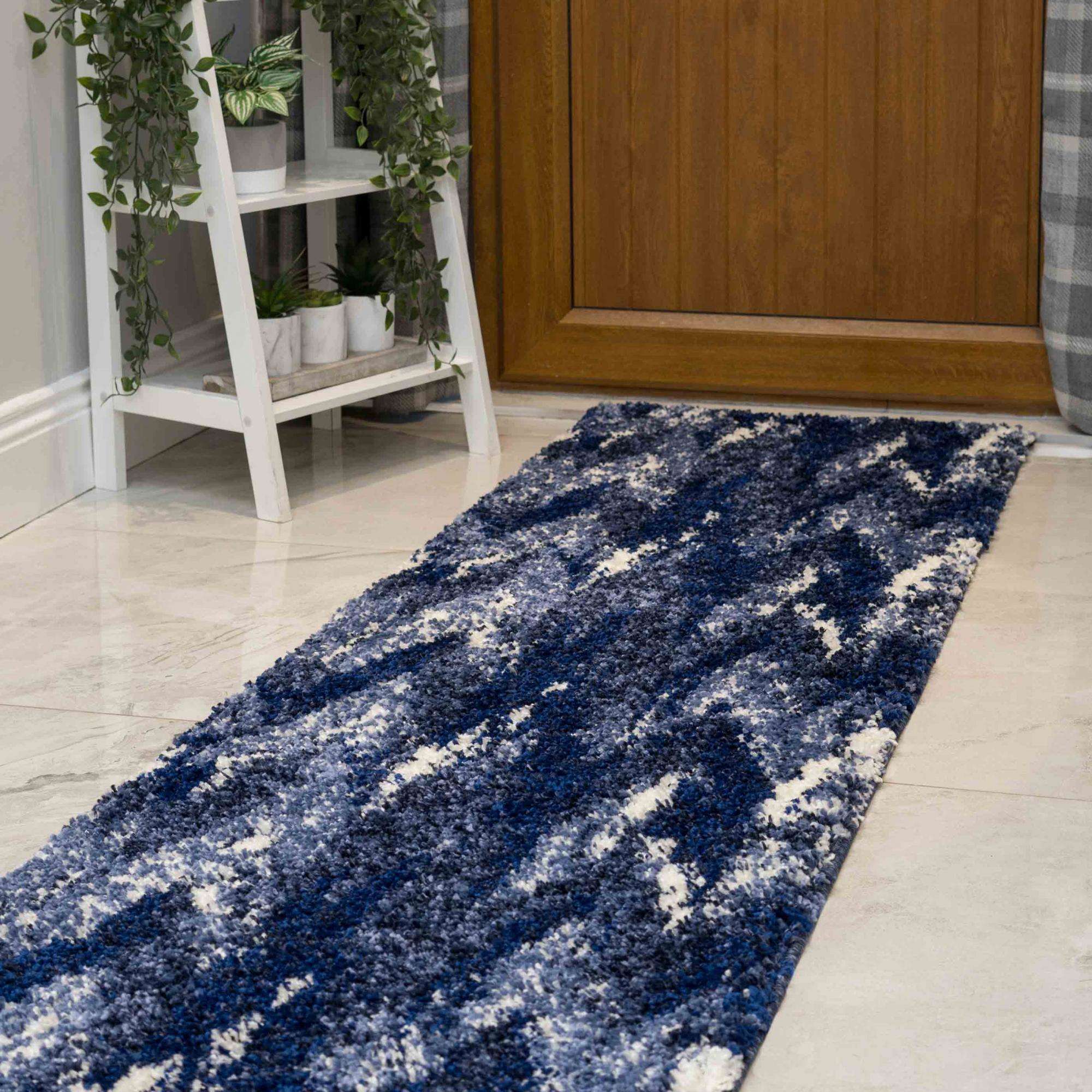 Blue Navy Chevron Mottled Shaggy Living Room Rug - Image 6