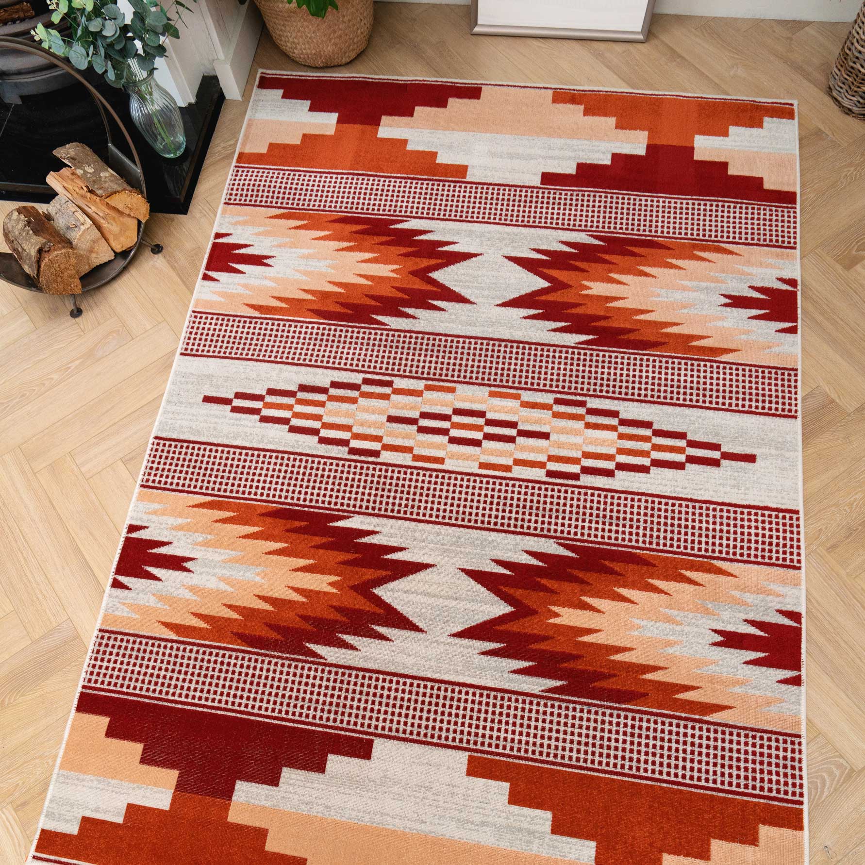 Terracotta Burnt Orange Living Room Rug - Aztec - Image 3