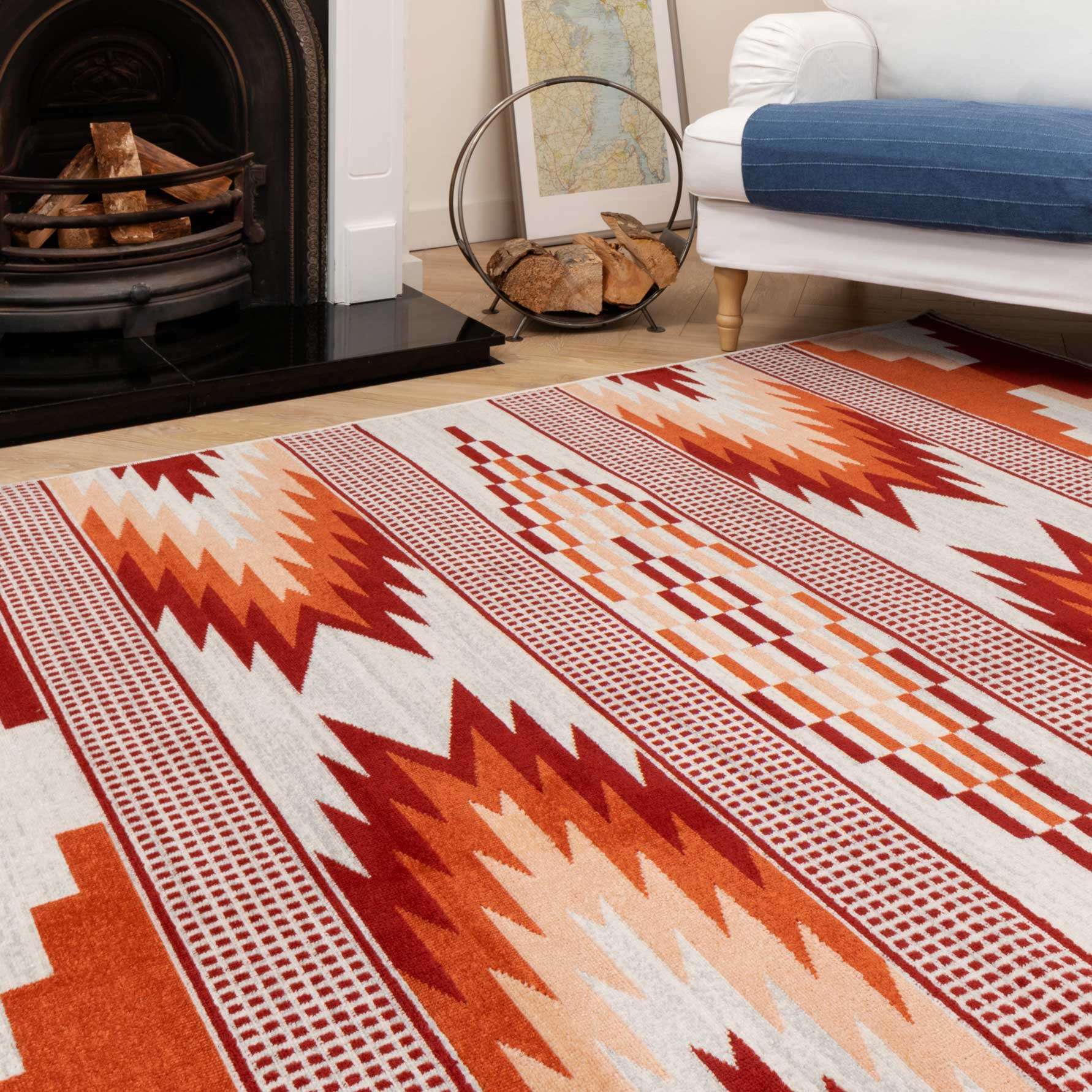 Terracotta Burnt Orange Living Room Rug - Aztec - Image 4