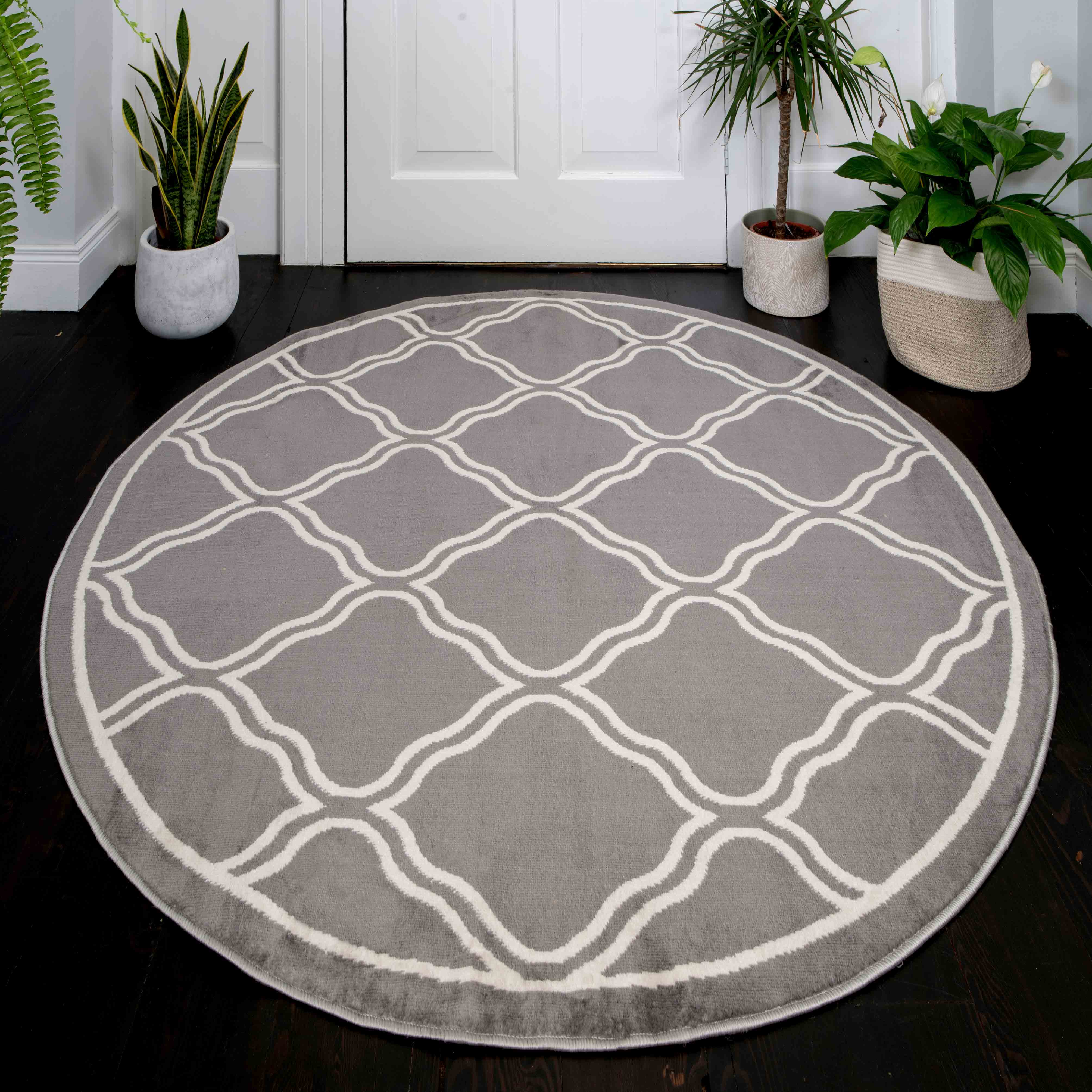 Circle Round Dark Grey Trellis Living Room Rug - Image 2