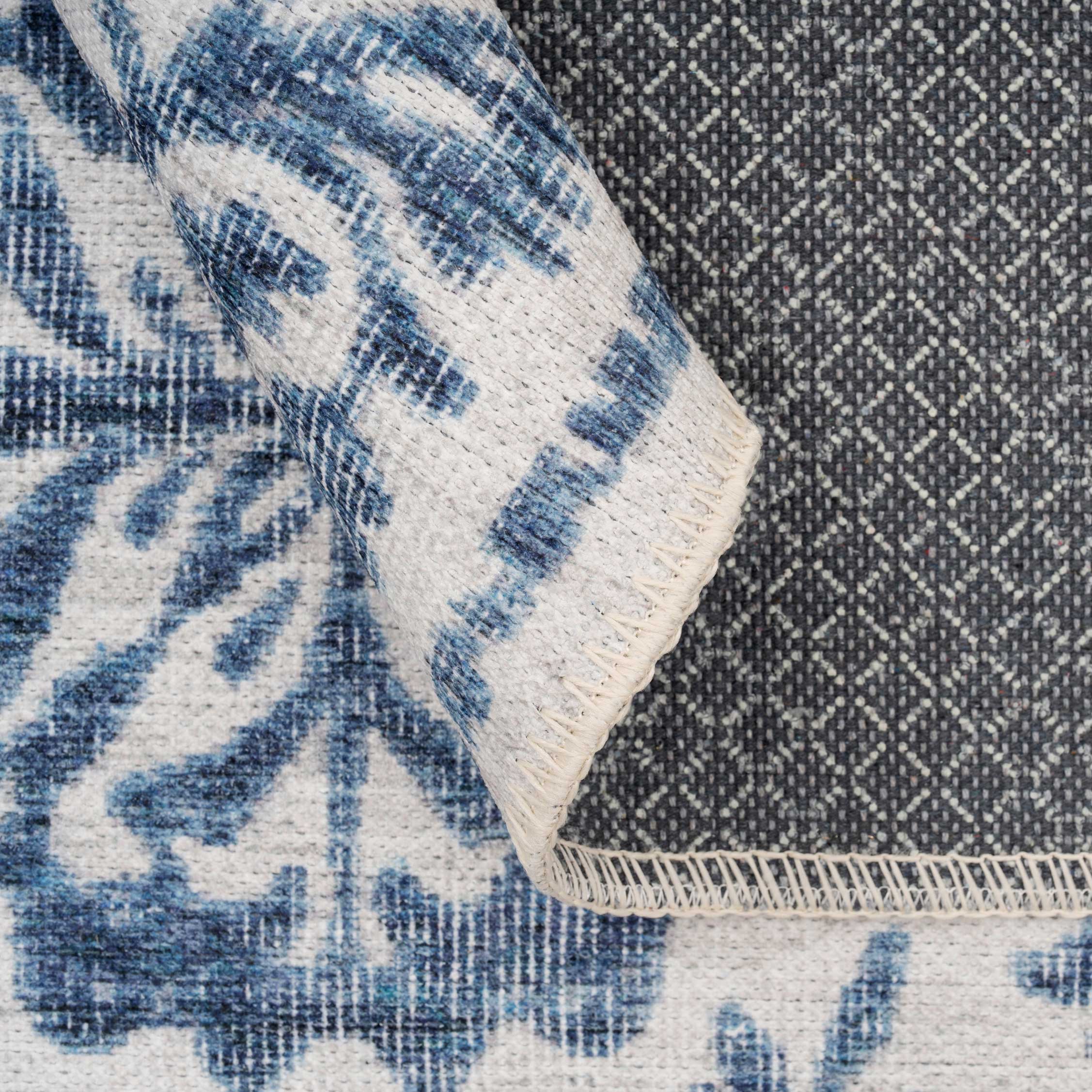 Flatwoven Washable Distressed Blue Damask Rug - Bala - Image 4