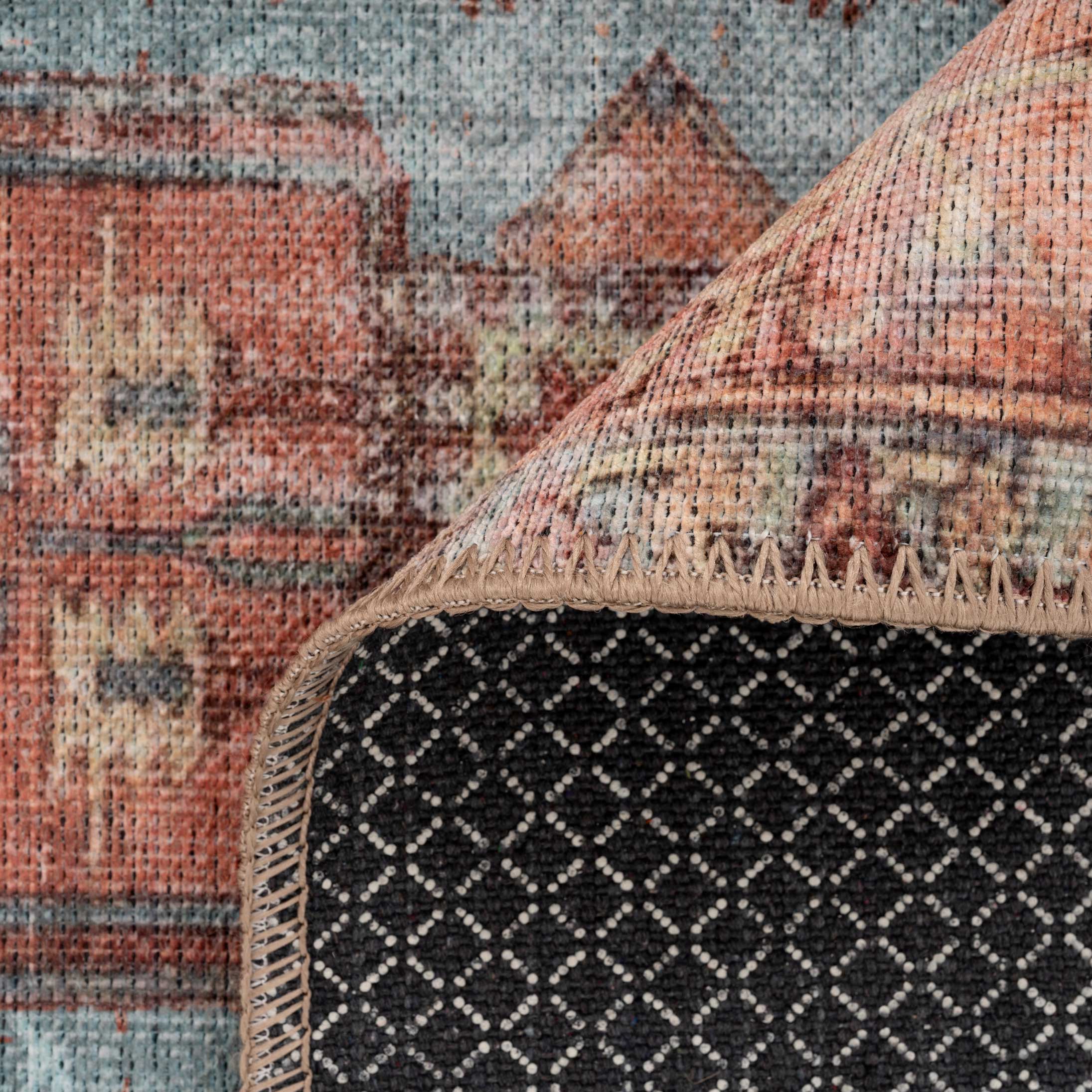 Flatwoven Washable Distressed Terracotta Aztec Boho Rug - Yana - Image 4