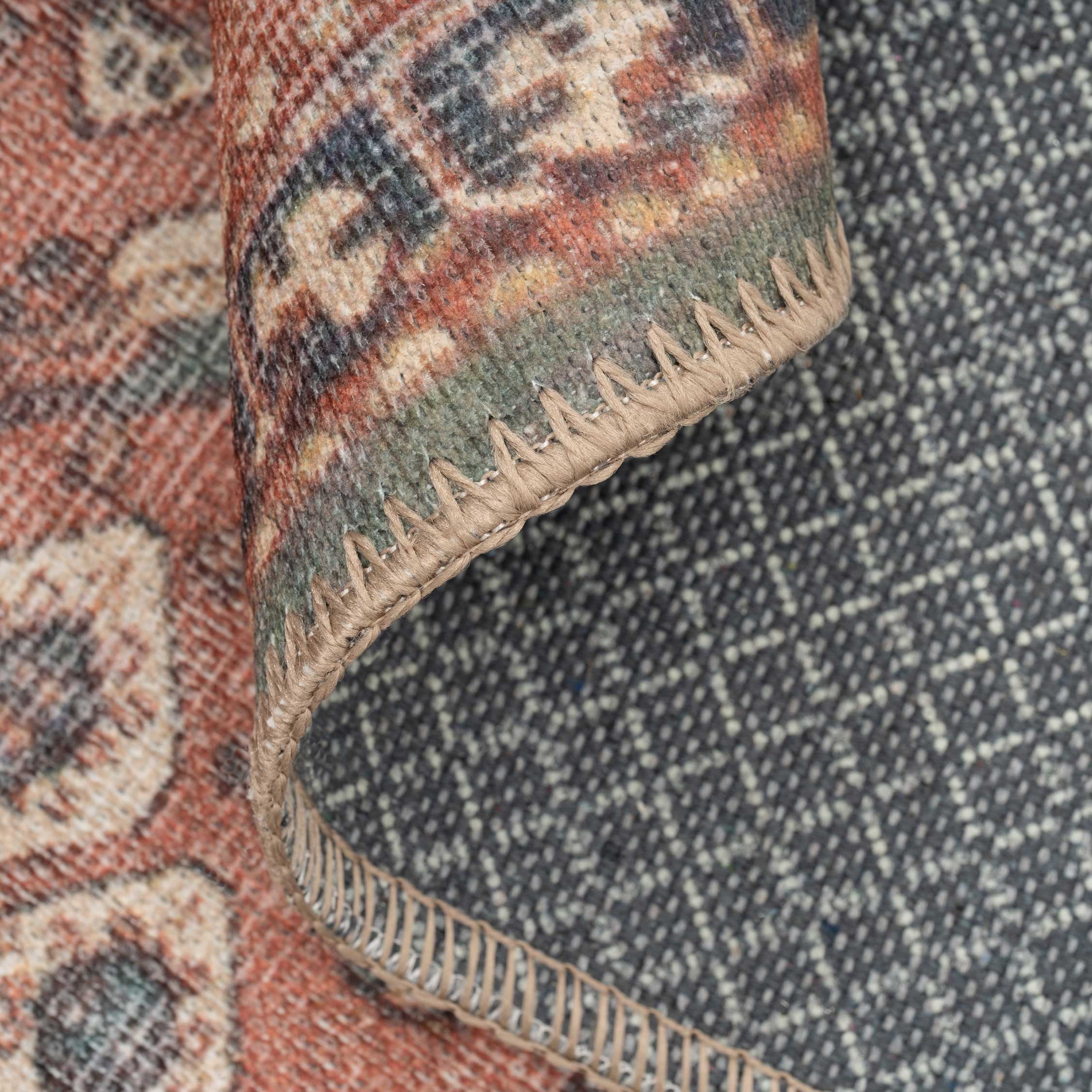 Flatwoven Washable Distressed Terracotta Green Boho Runner - Faro - Image 7
