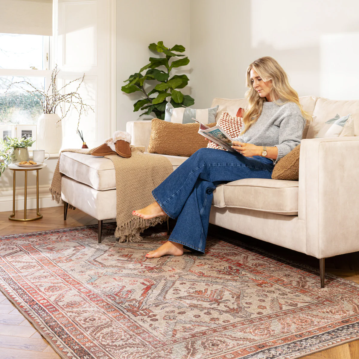 Distressed Terracotta Washable Rustic Rug - Rowe - Image 2