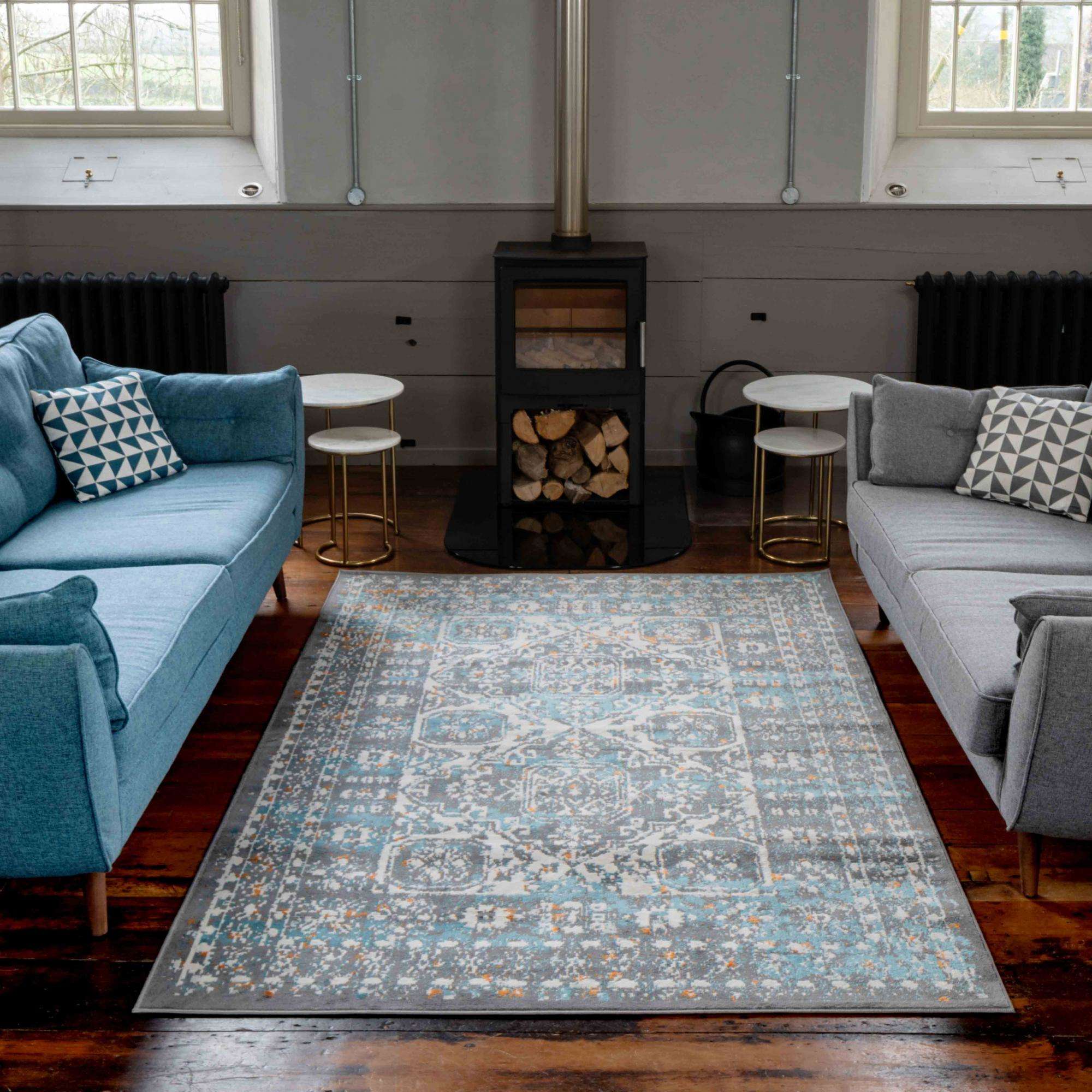 Faded Distressed Light Blue Grey Oriental Pattern Rug - Image 4