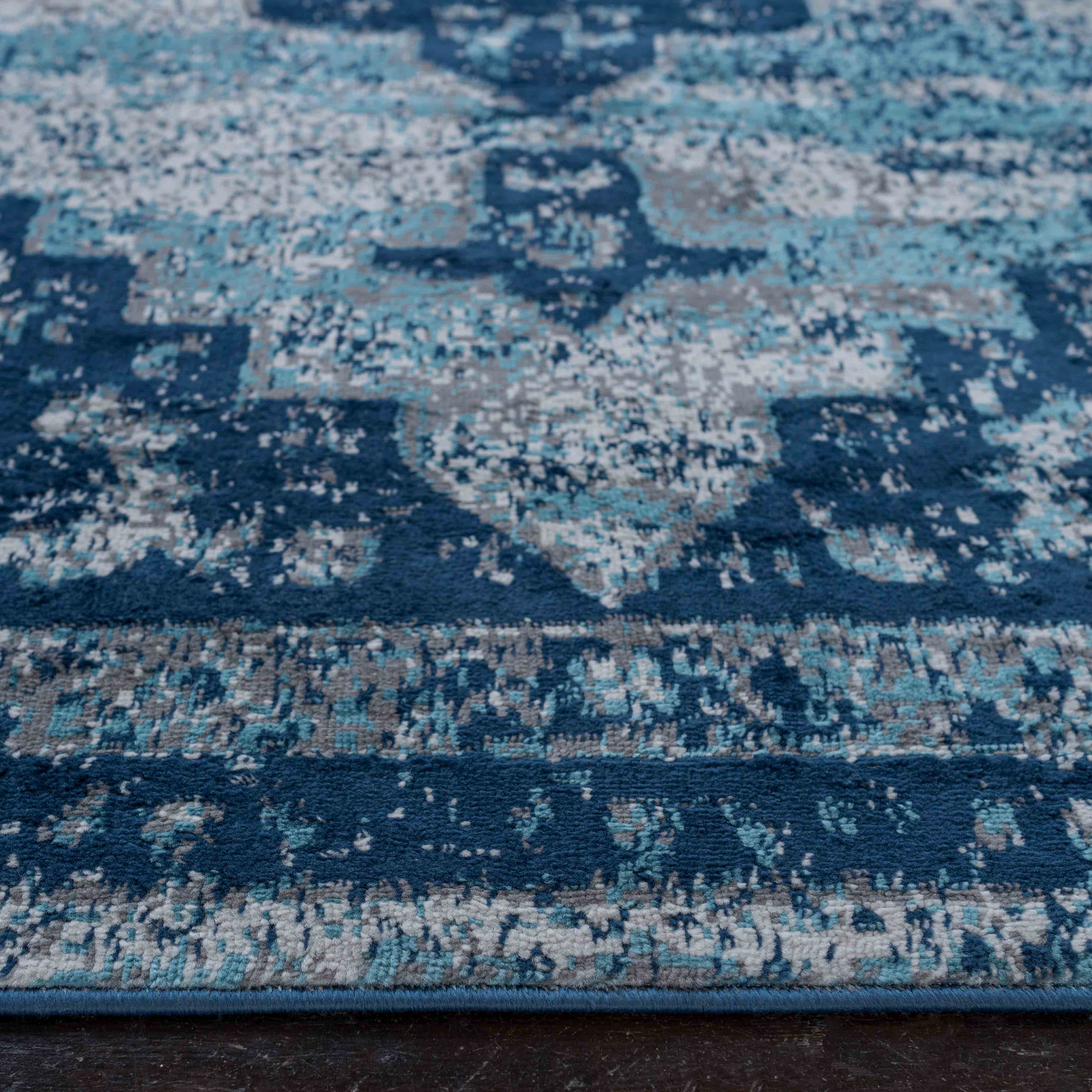 Faded Distressed Navy Blue Oriental Pattern Rug - Image 4