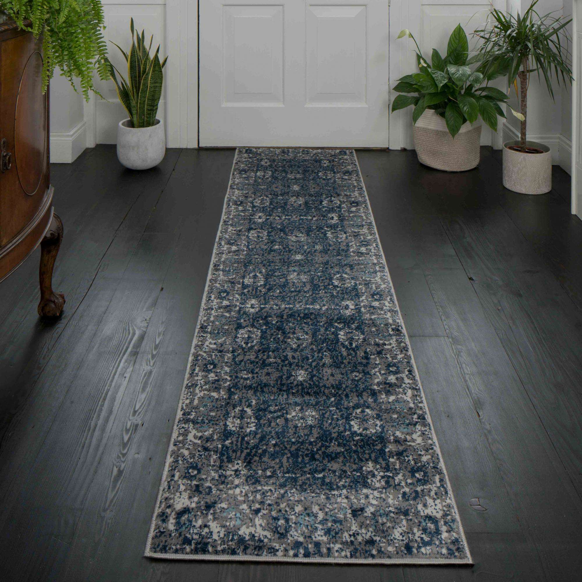 Faded Distressed Navy Oriental Pattern Rug - Image 5