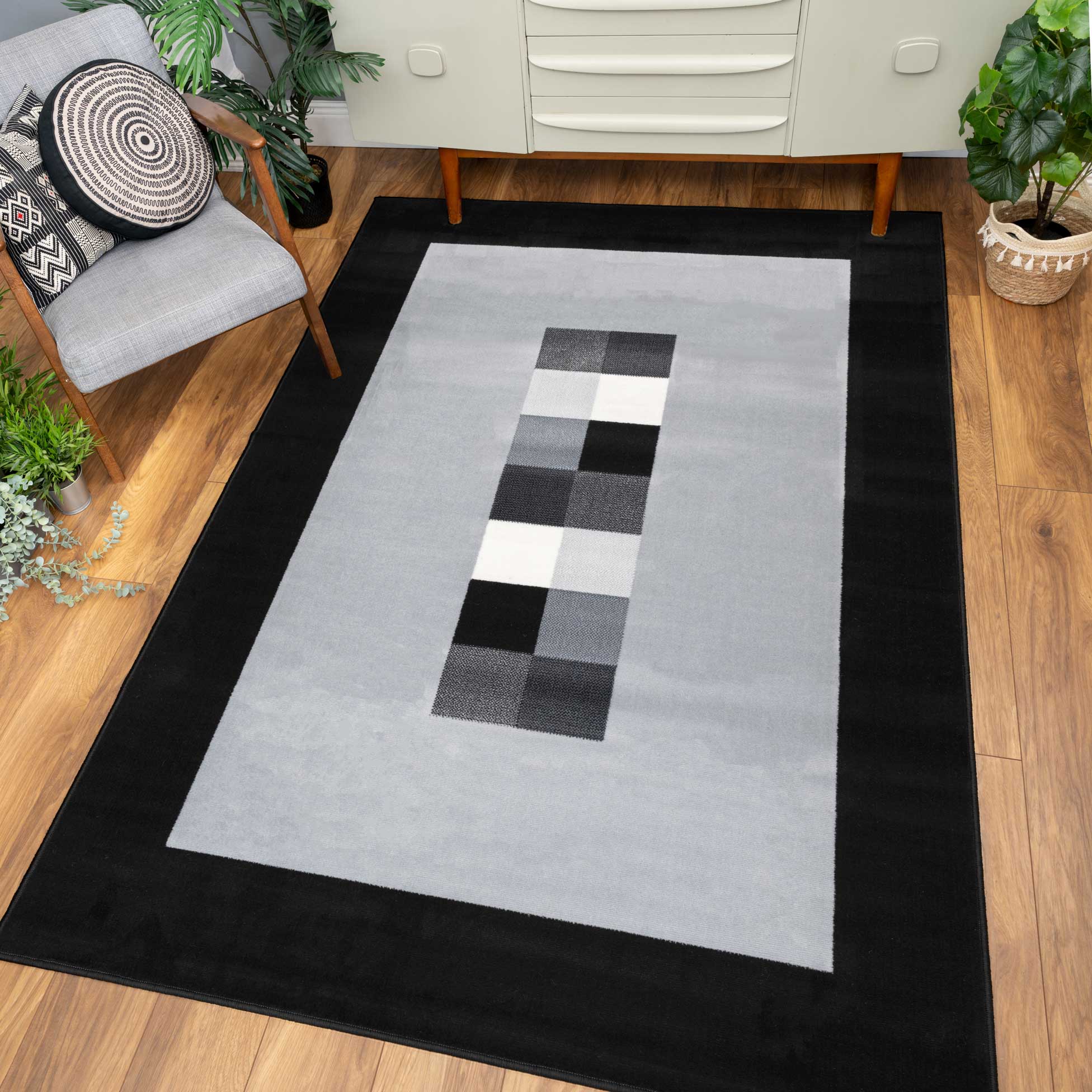 Geometric Bordered Black and Grey Rug - Image 7