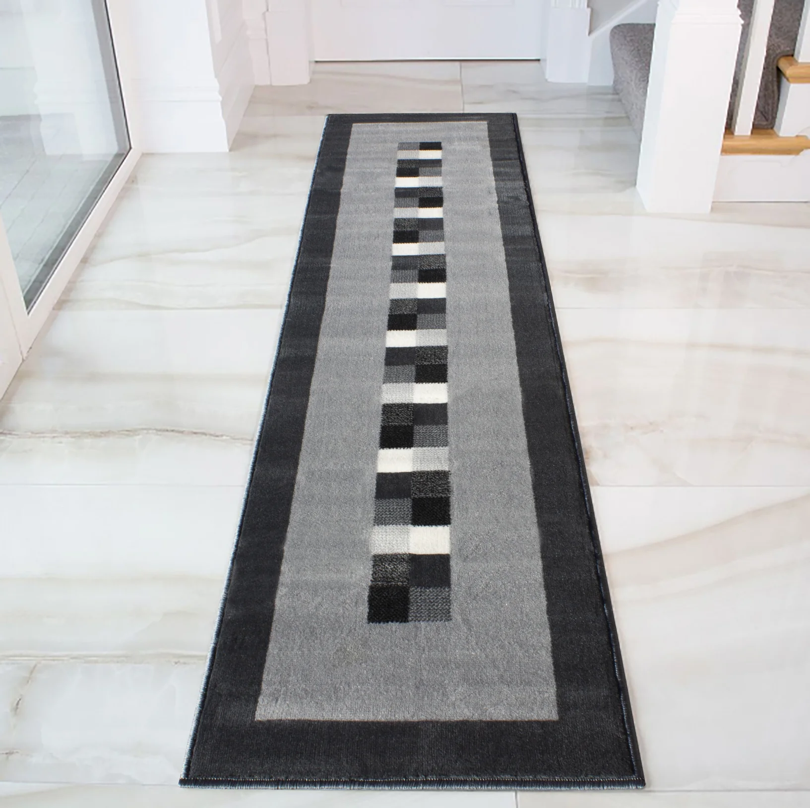 Geometric Bordered Black and Grey Rug - Image 8