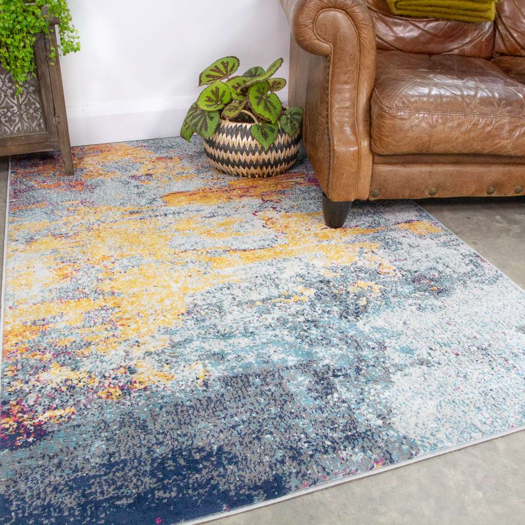 Gold Blue Distressed Living Room Rug - Mia - Image 2