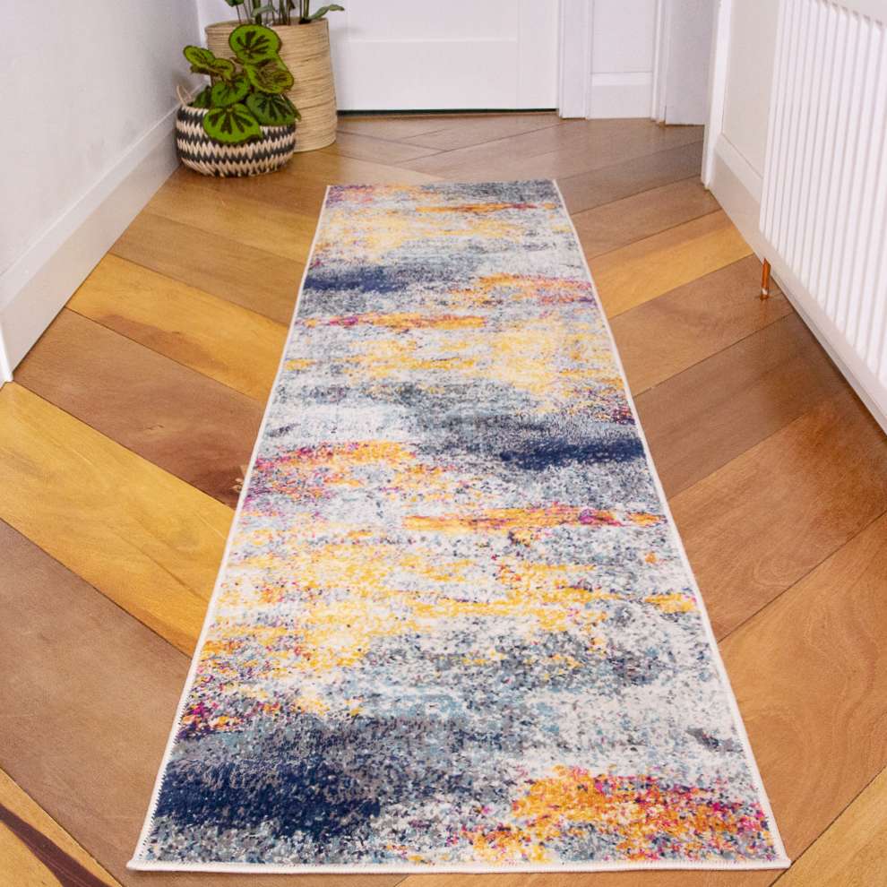 Gold Blue Distressed Living Room Rug - Mia - Image 9