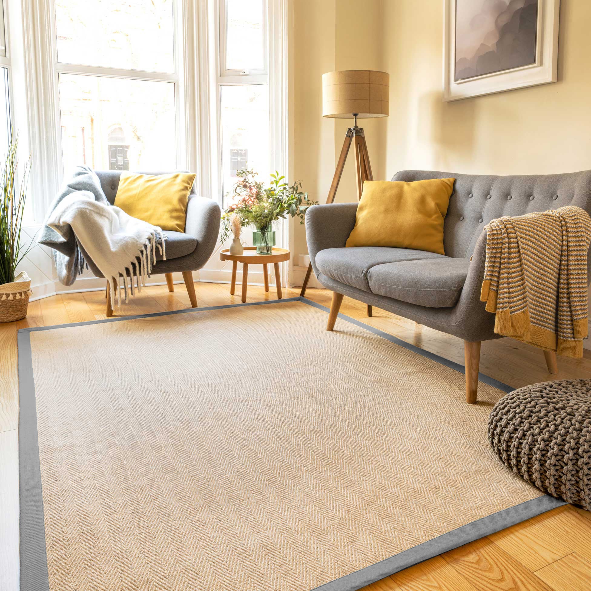 Grey Cotton Border Natural Jute Area Rug