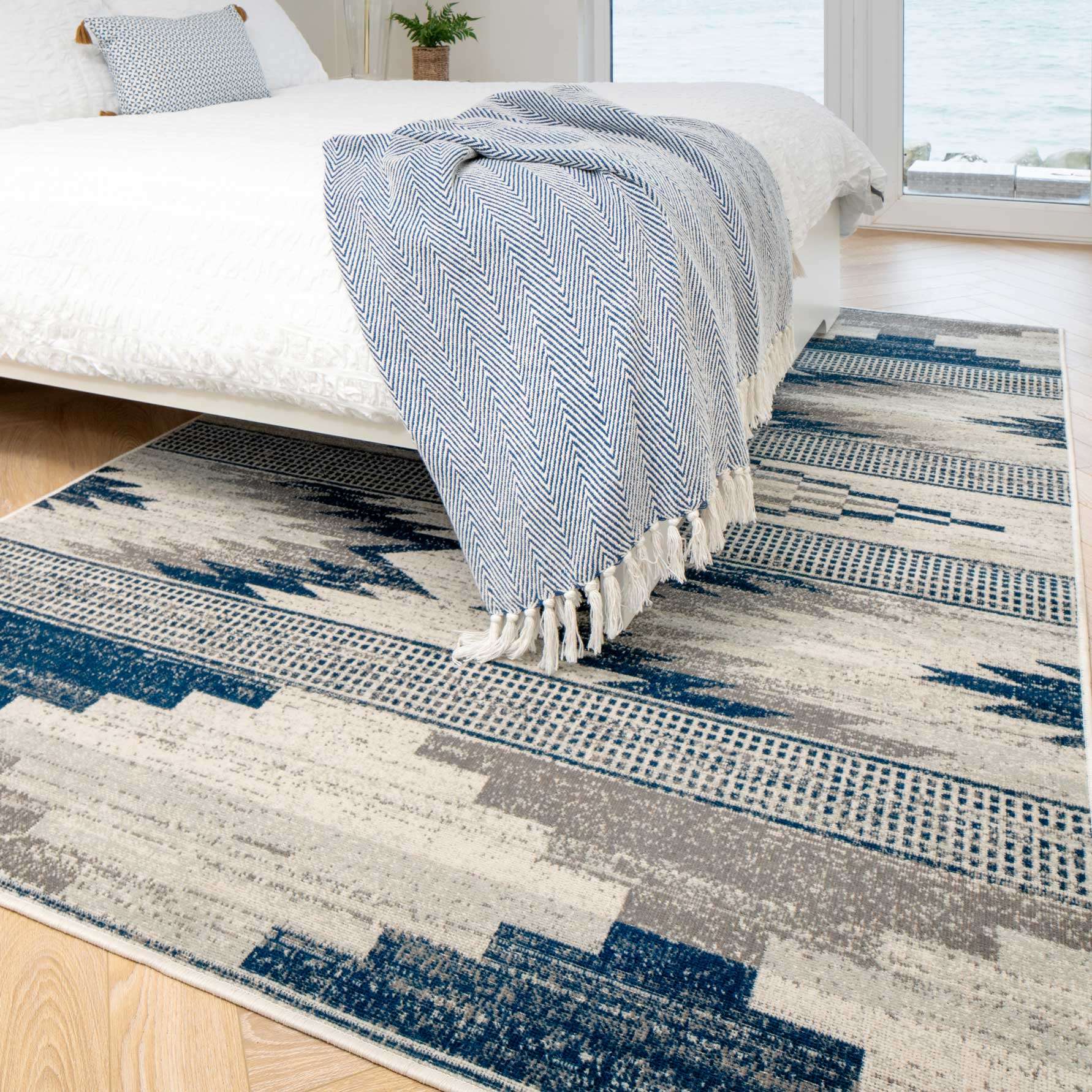 Grey Navy Aztec Living Room Rug - Image 2