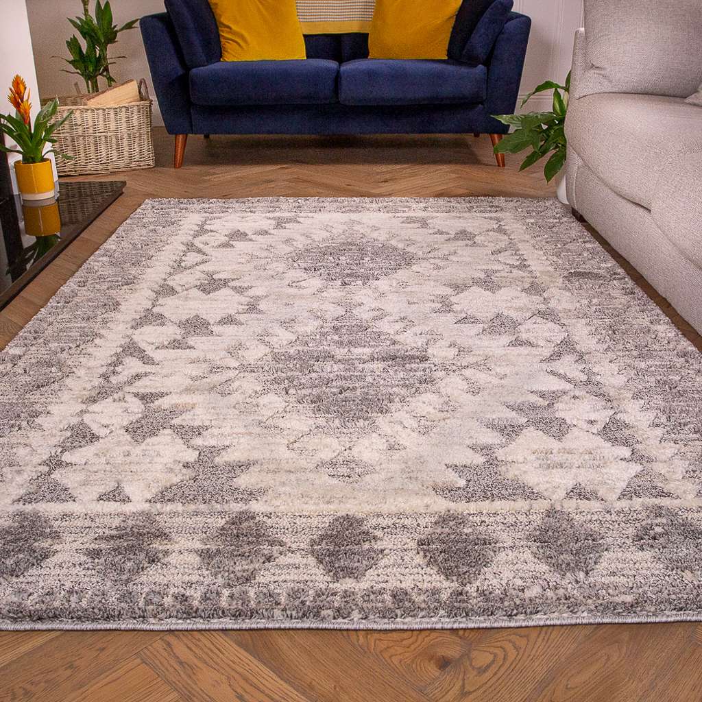 Grey White Textured Tribal Scandi Rug - Image 2