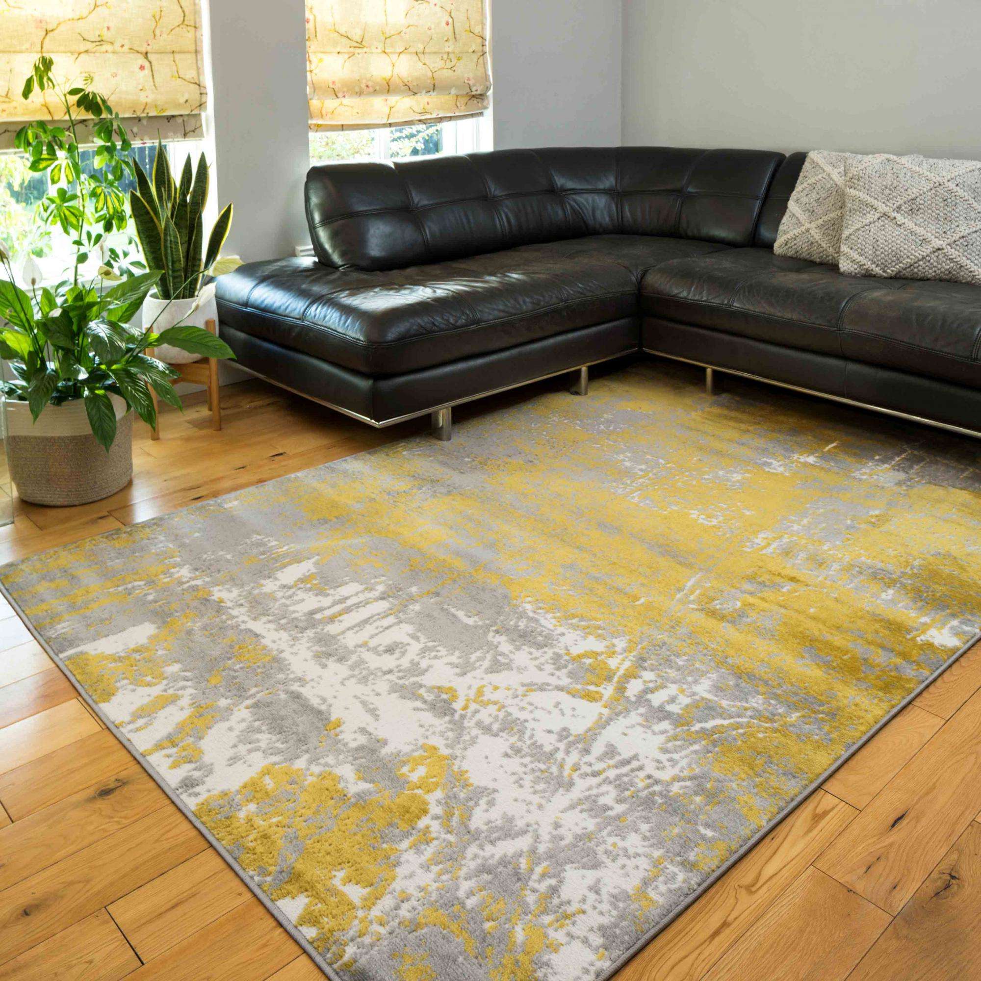 Modern Yellow Ochre Distressed Large Living Room Rugs - Image 2