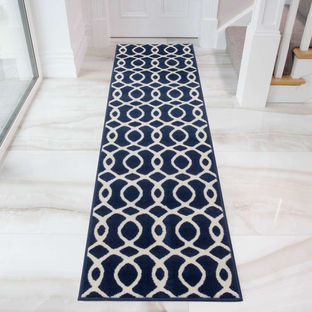 Navy Blue Modern Trellis Bedroom Rug - Image 4