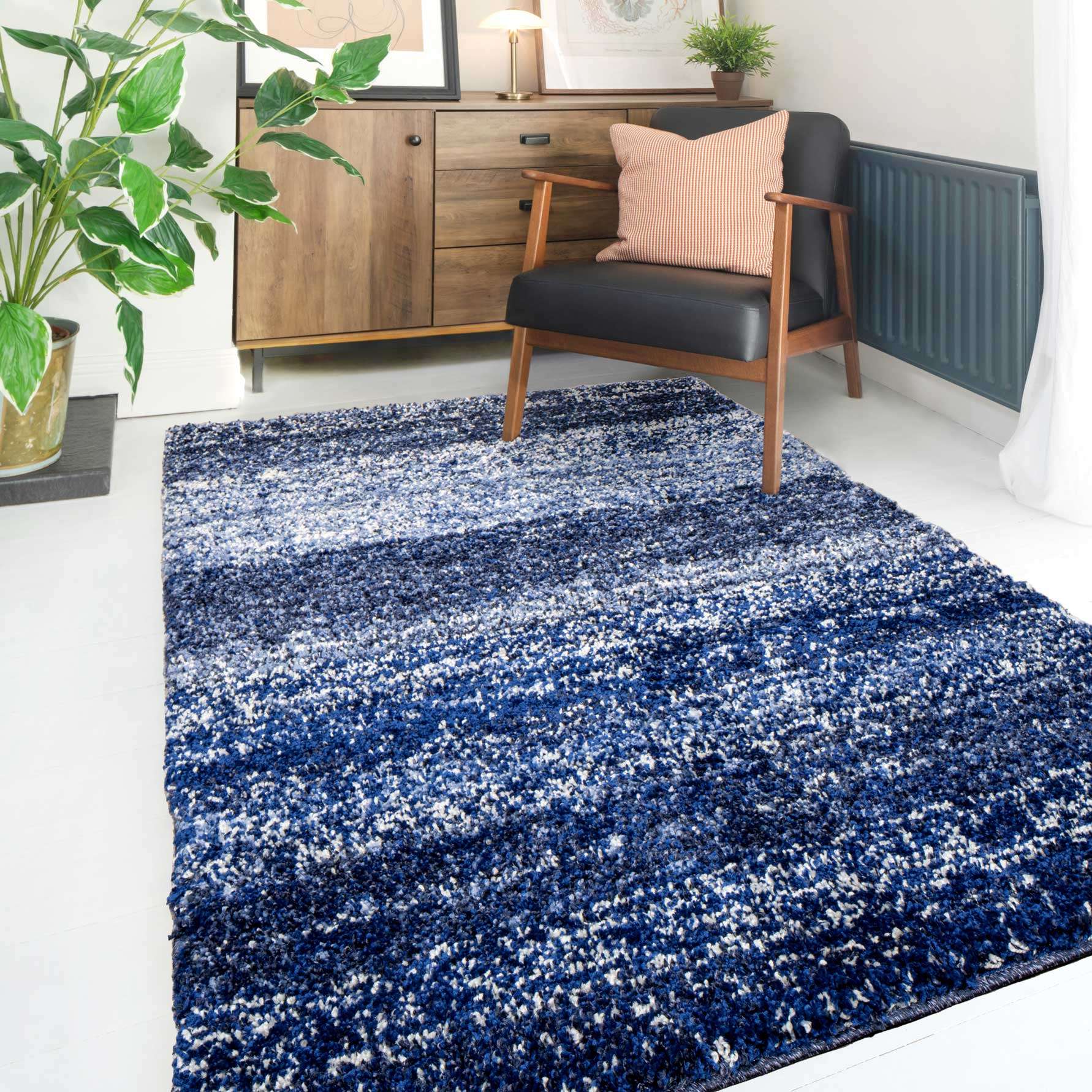 Navy Mottled Striped Shaggy Living Room Rug - Image 2