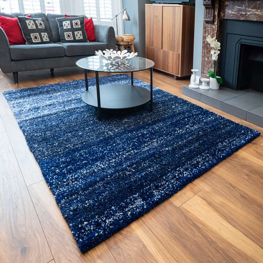 Navy Mottled Striped Shaggy Living Room Rug - Image 5
