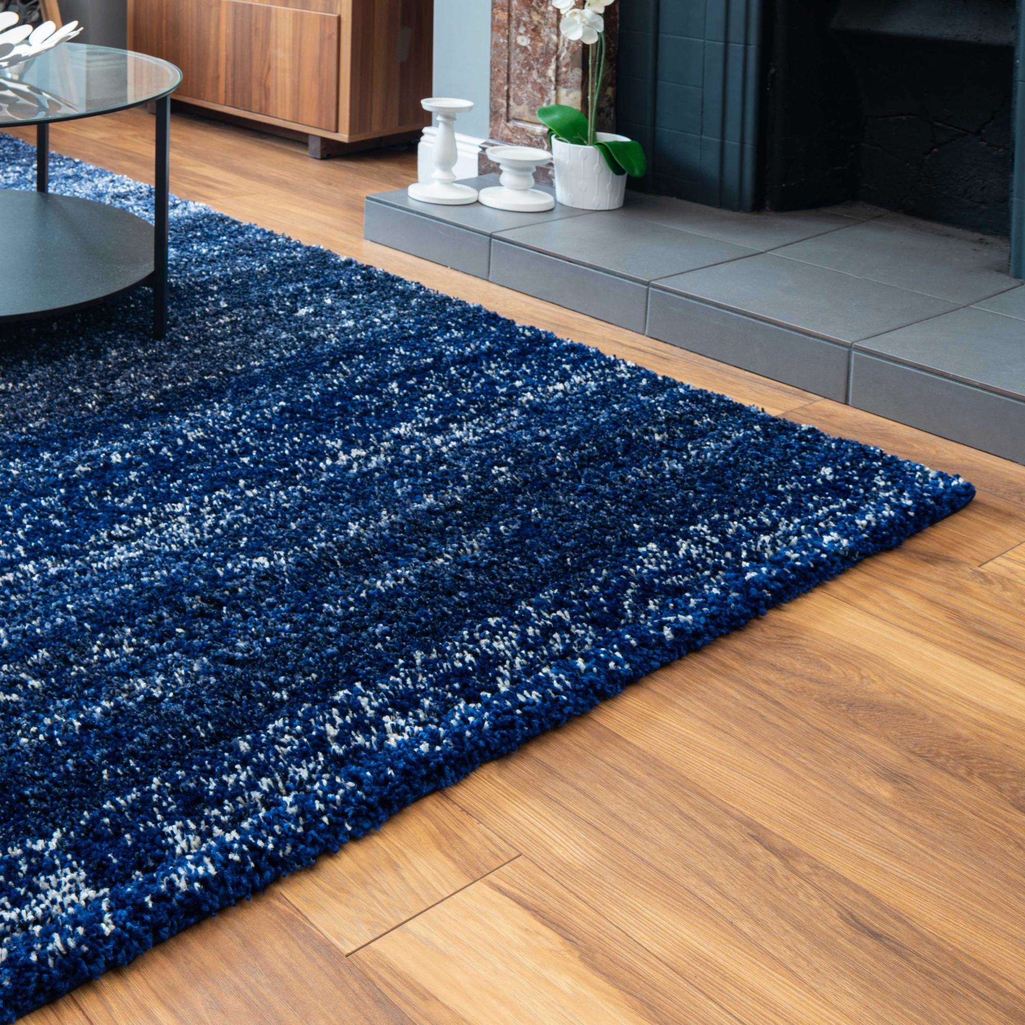 Navy Mottled Striped Shaggy Living Room Rug - Image 6