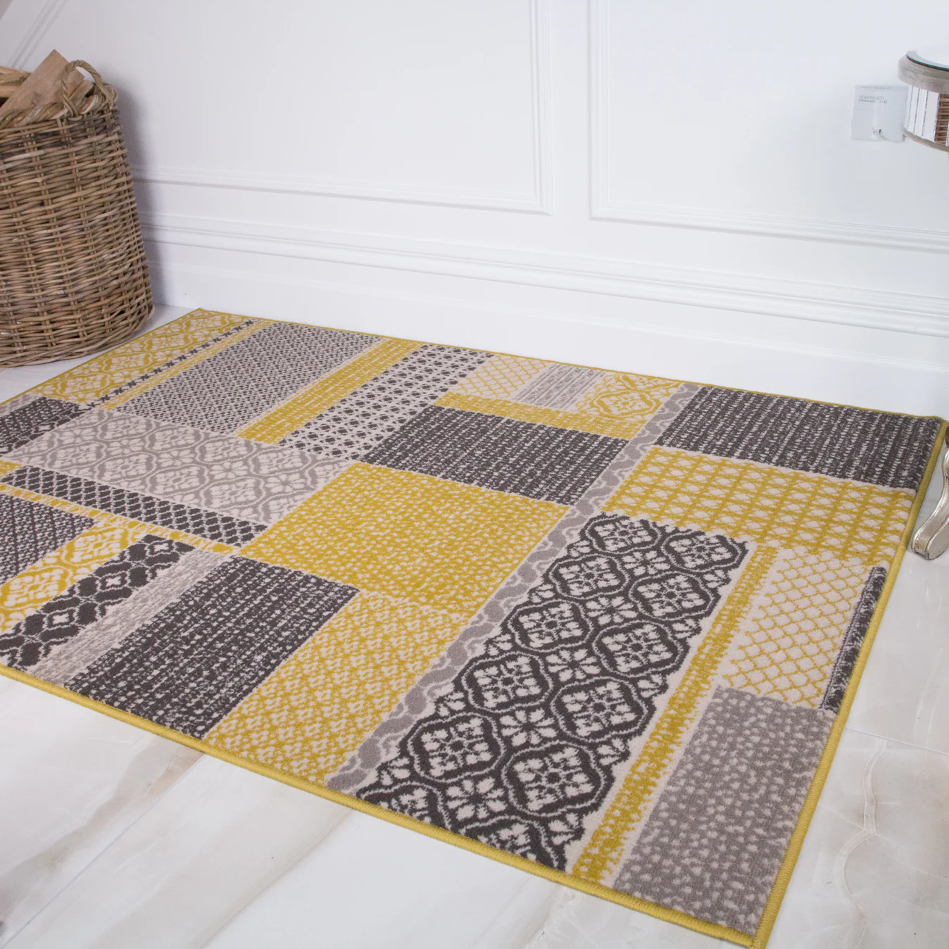 Ochre Grey Patchwork Hardwearing Rug - Image 2