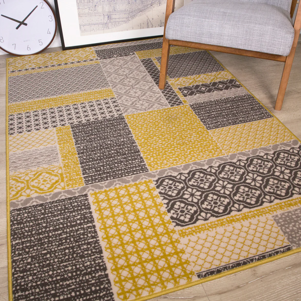 Ochre Grey Patchwork Hardwearing Rug - Image 3