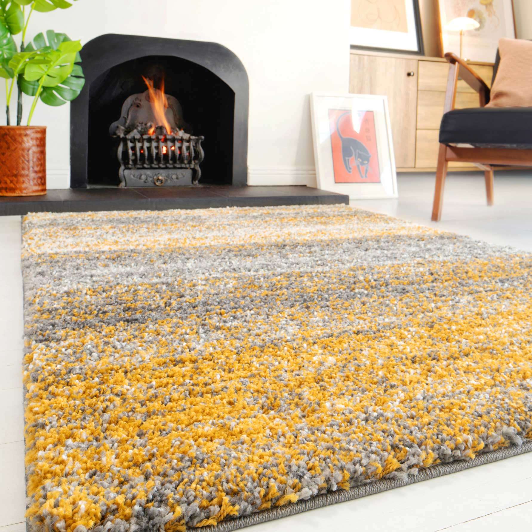 Ochre Striped Shaggy Runner Rug - Image 2