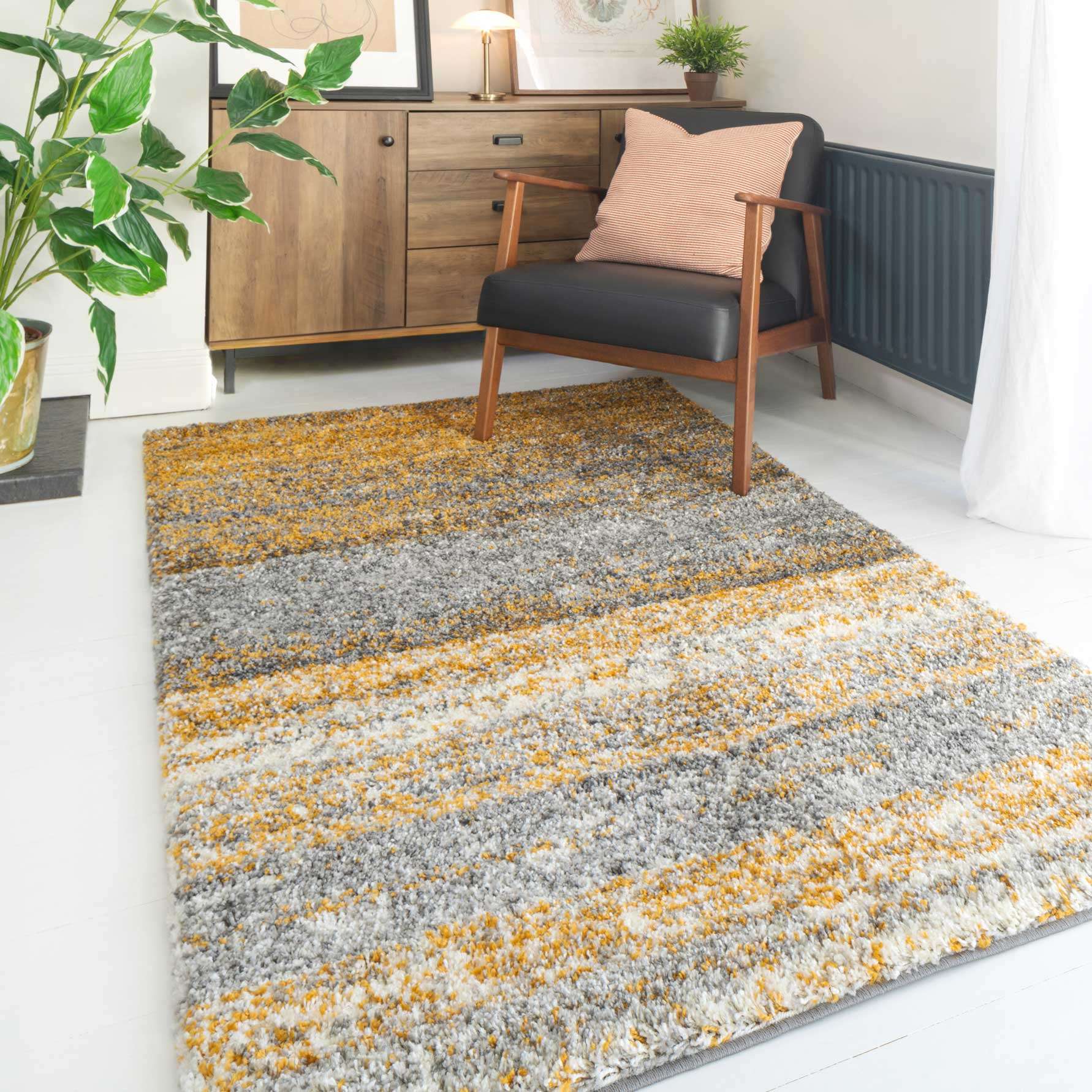 Ochre Striped Shaggy Runner Rug - Image 3