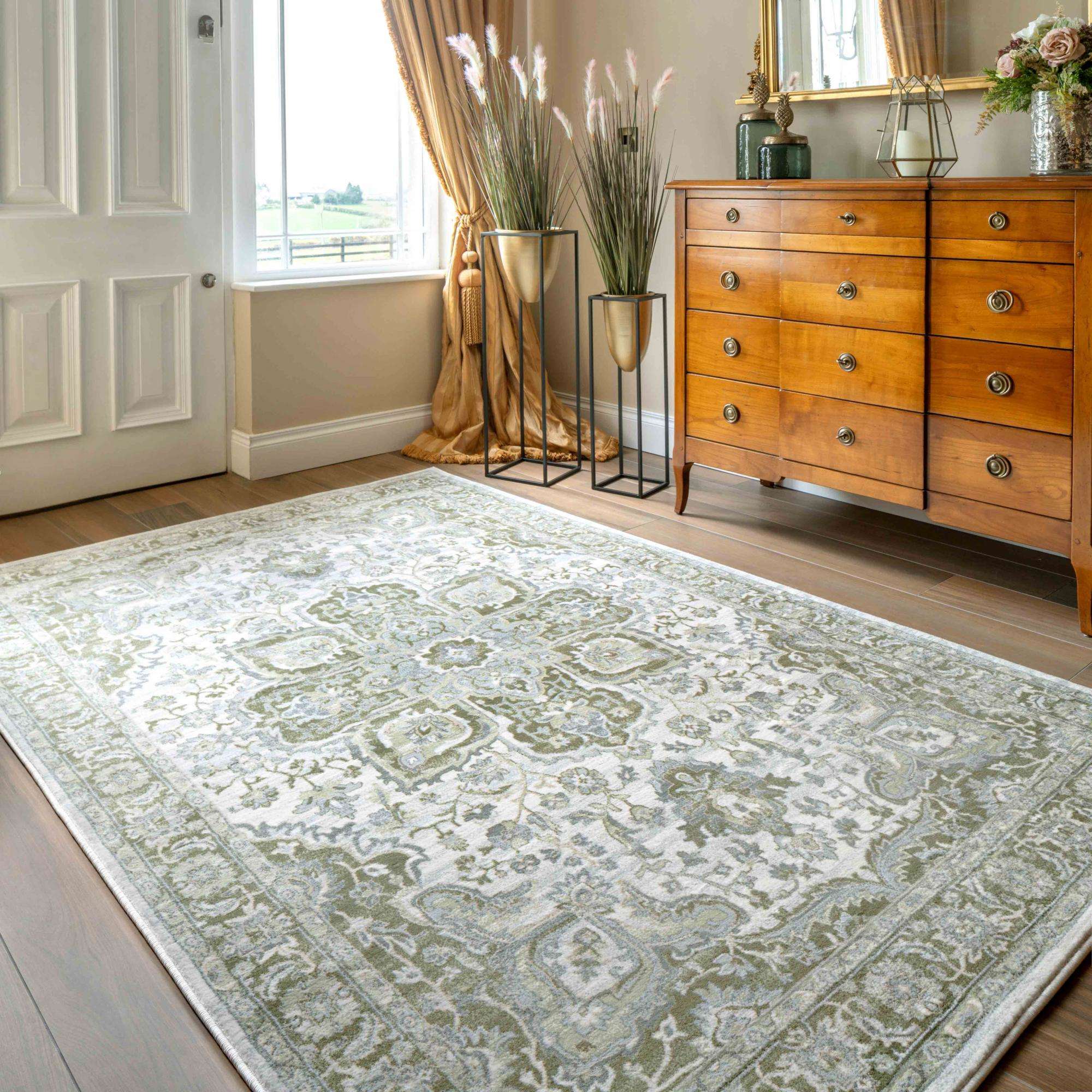 Oriental Bordered Green Floral Living Room Rug - Image 2