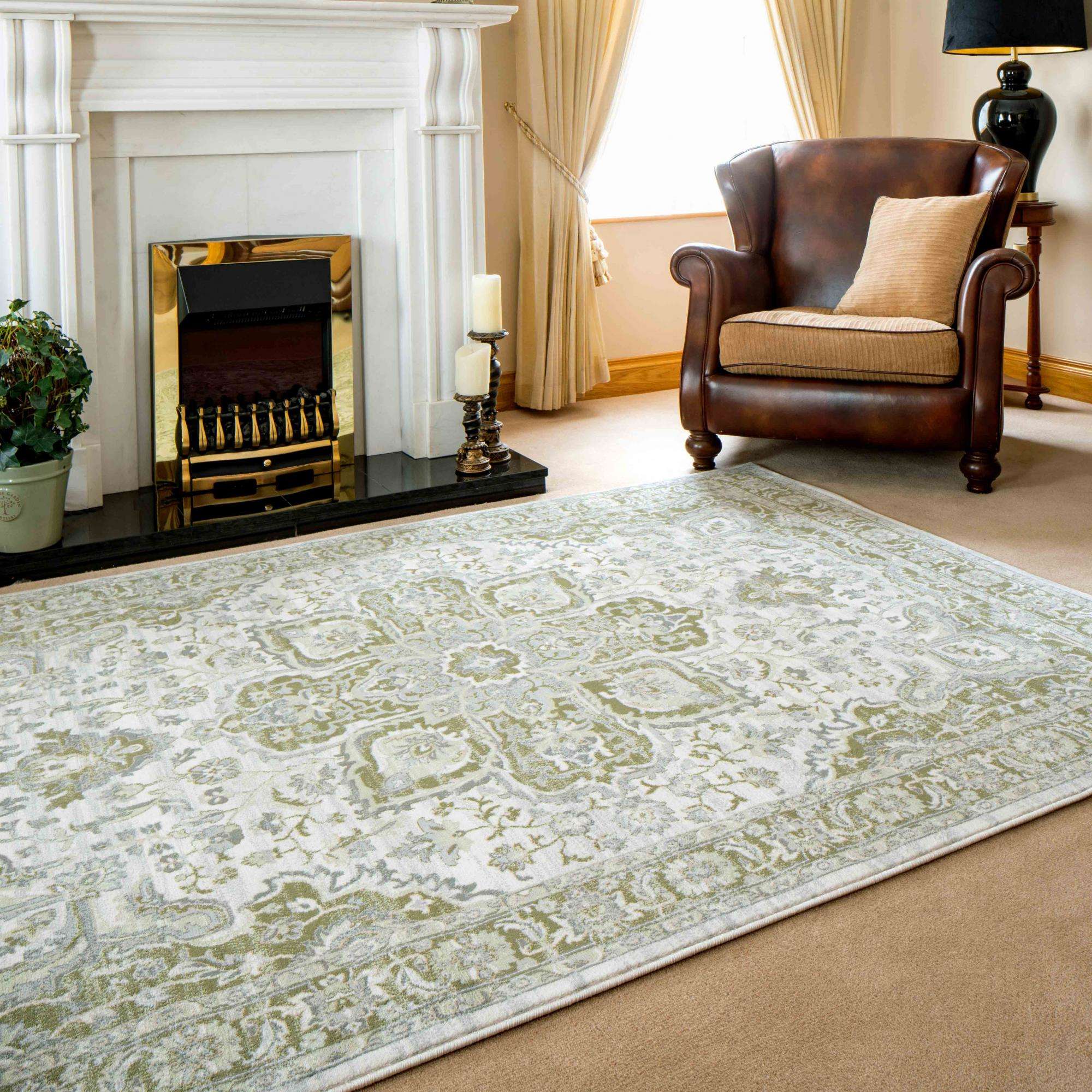 Oriental Bordered Green Floral Living Room Rug - Image 3