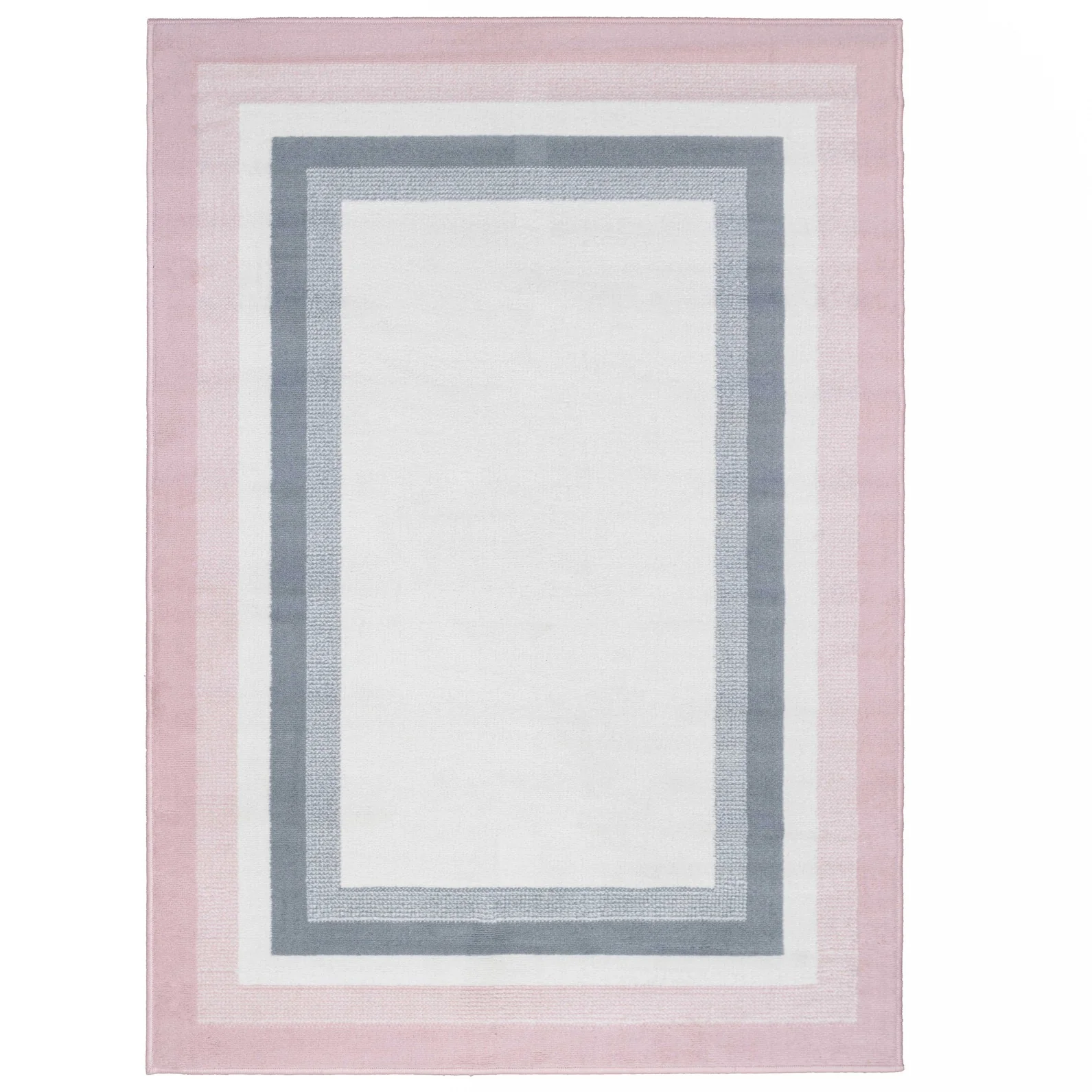 Pink Grey Bordered Framed Living Room Rug