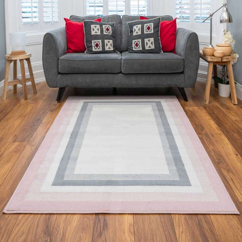 Pink Grey Bordered Framed Living Room Rug - Image 5