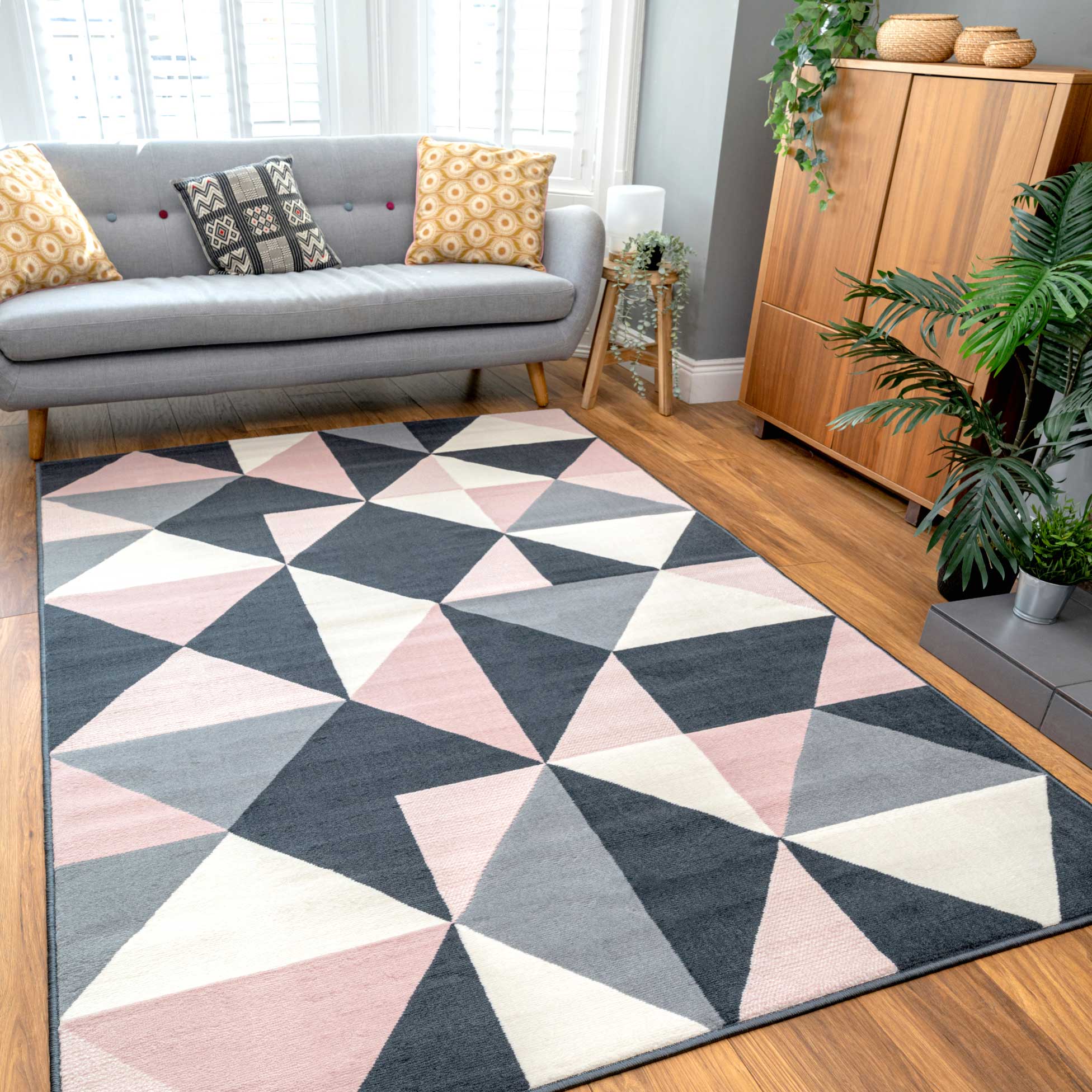 Pink Grey Diamond Geometric Living Room Rug - Image 2