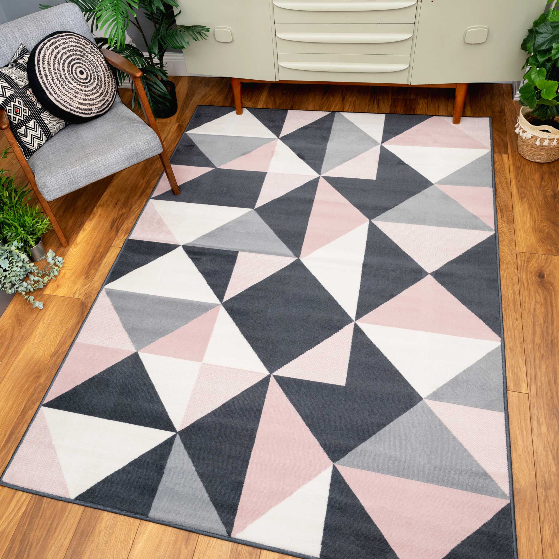 Pink Grey Diamond Geometric Living Room Rug - Image 7