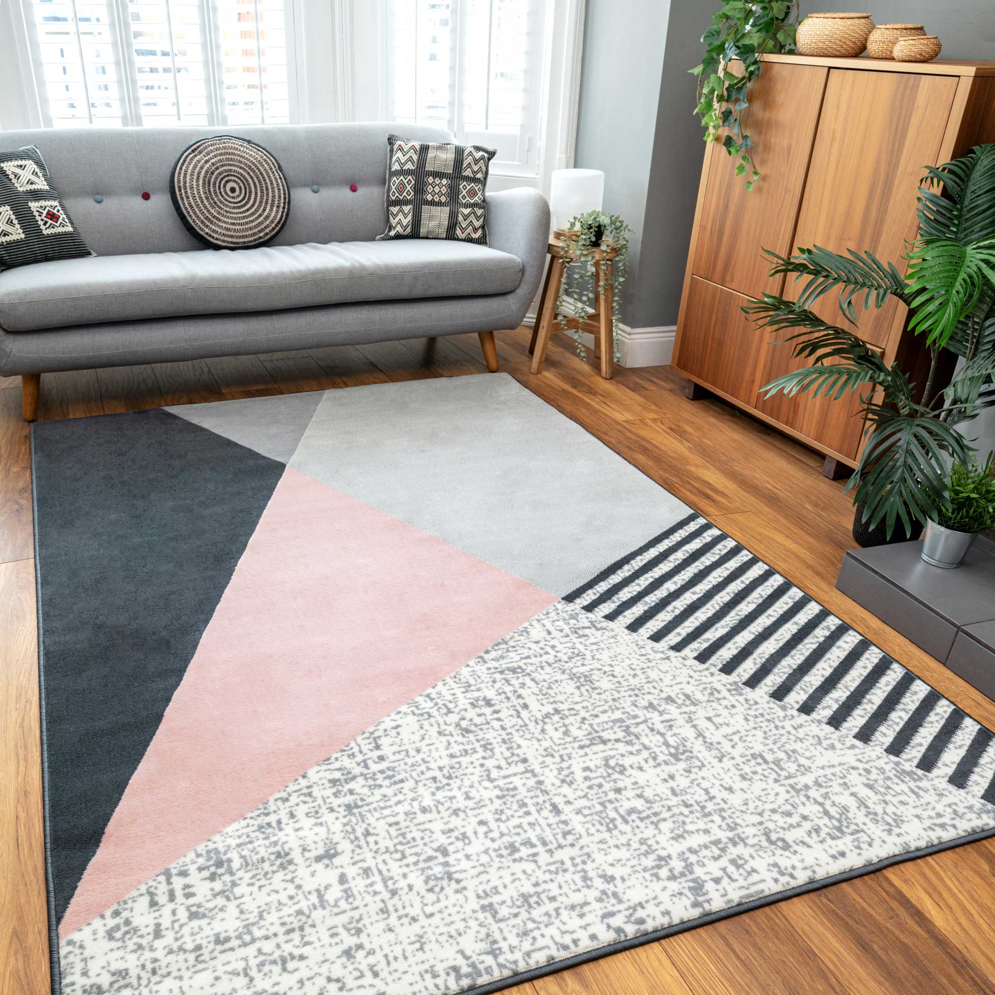 Pink Grey Modern Geometric Bedroom Rug - Image 2