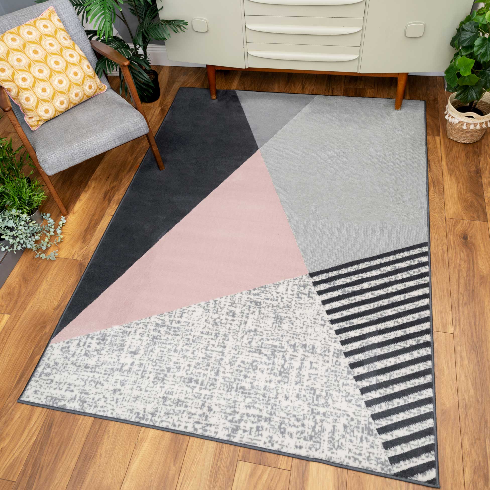Pink Grey Modern Geometric Bedroom Rug - Image 6