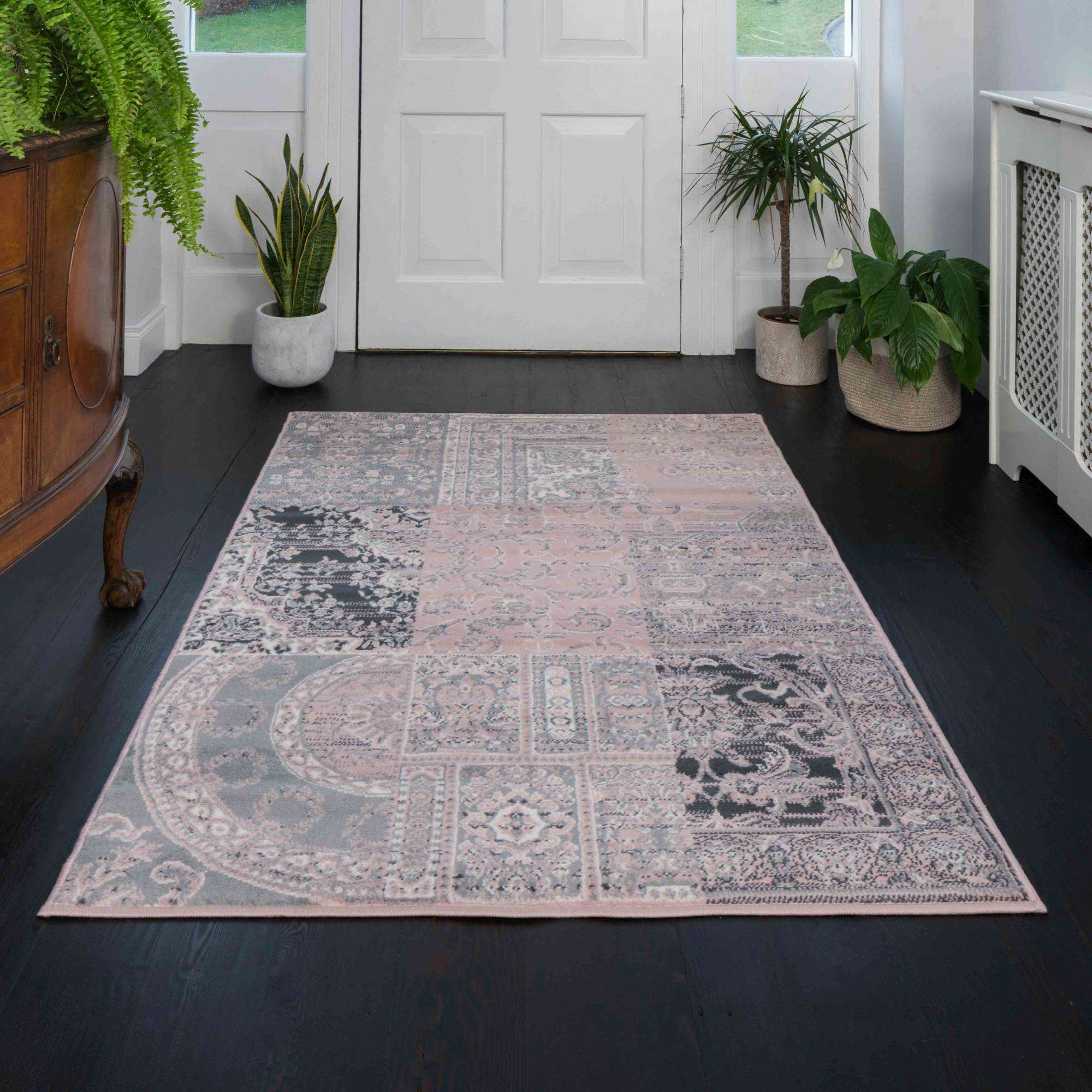 Pink Grey Traditional Patchwork Living Room Rug - Image 2