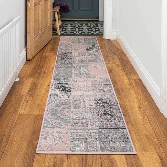 Pink Grey Traditional Patchwork Living Room Rug - Image 4