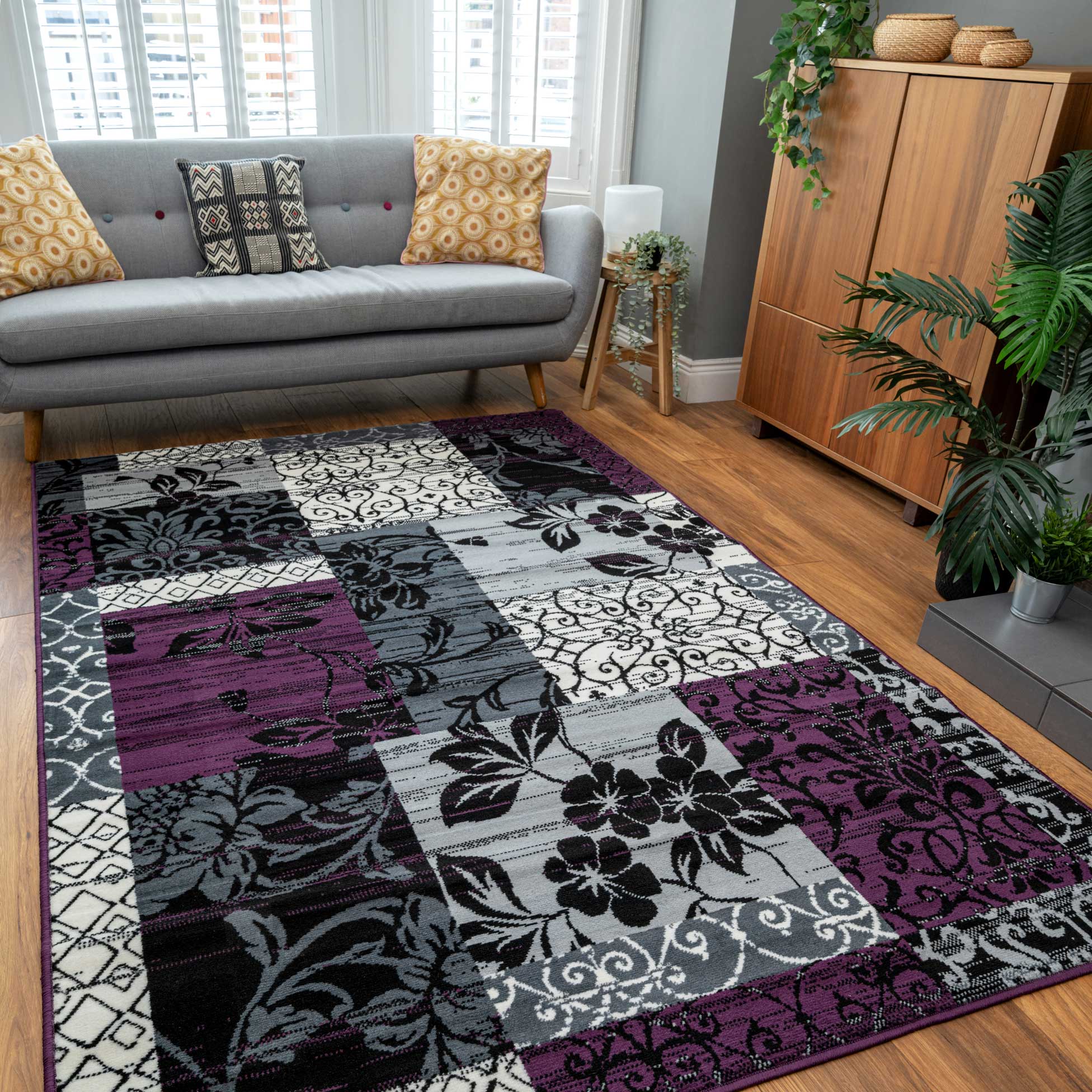 Purple Grey Modern Patchwork Bedroom Rugs - Image 2