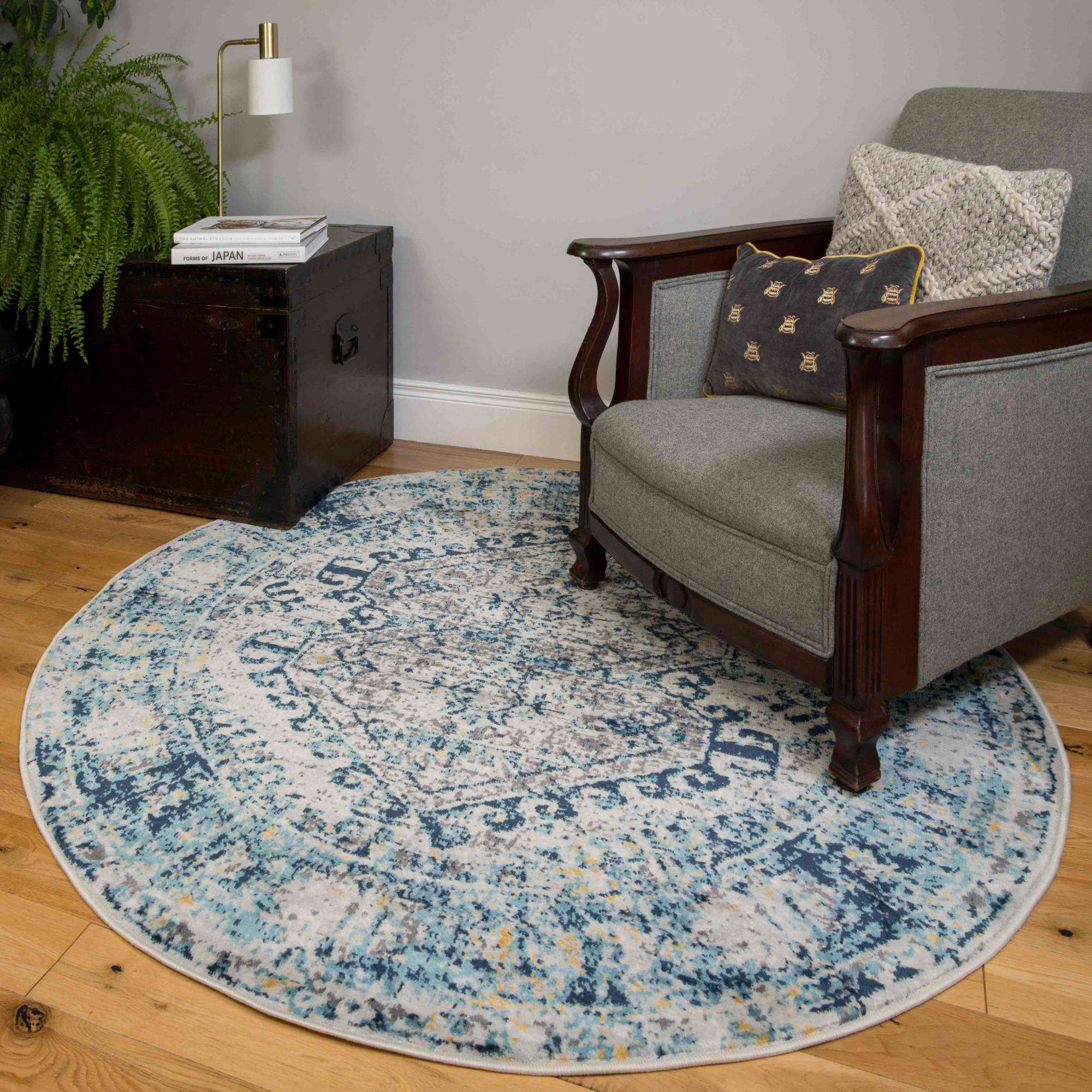 Round Circle Blue Oriental Distressed Vintage Rug - Image 2