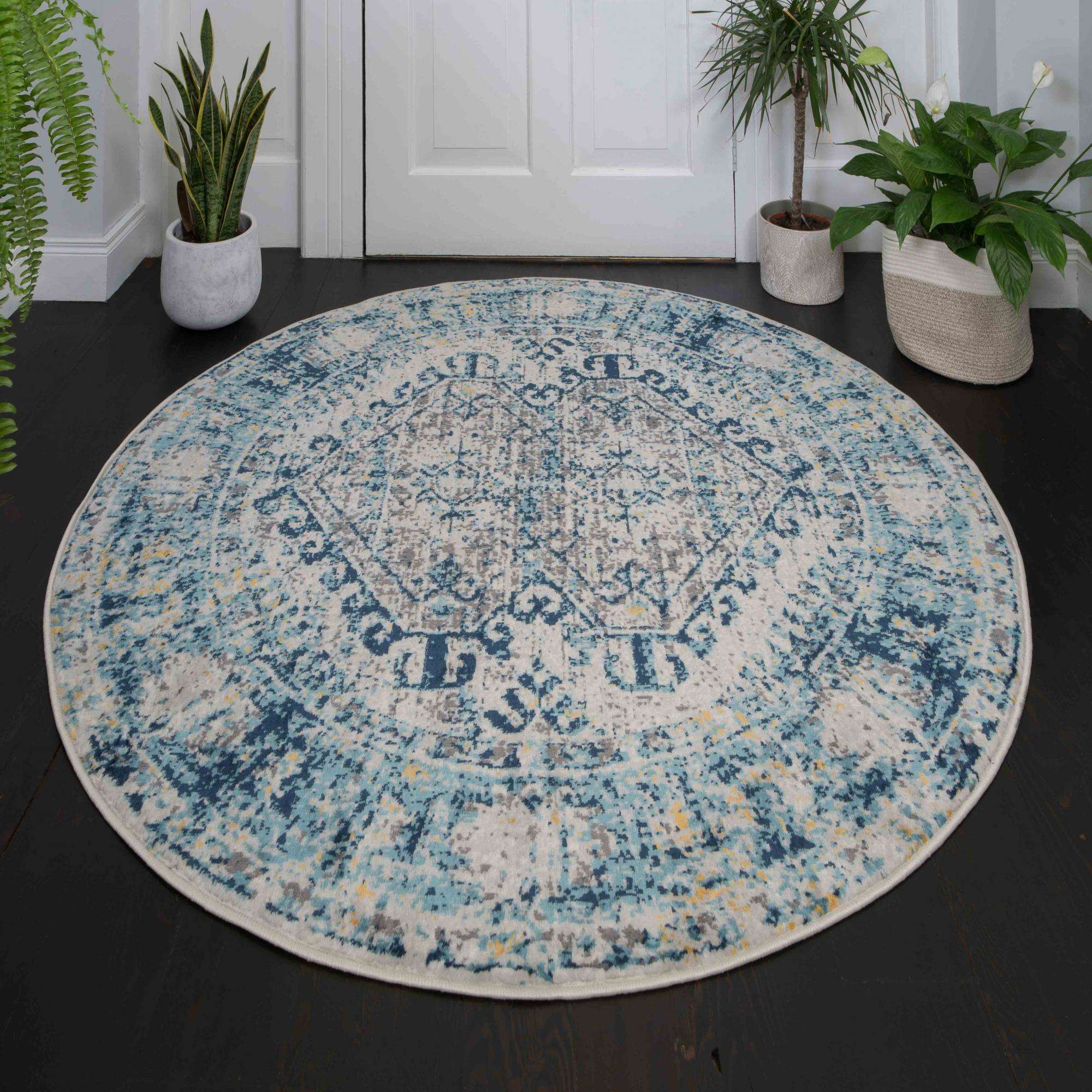 Round Circle Blue Oriental Distressed Vintage Rug - Image 3