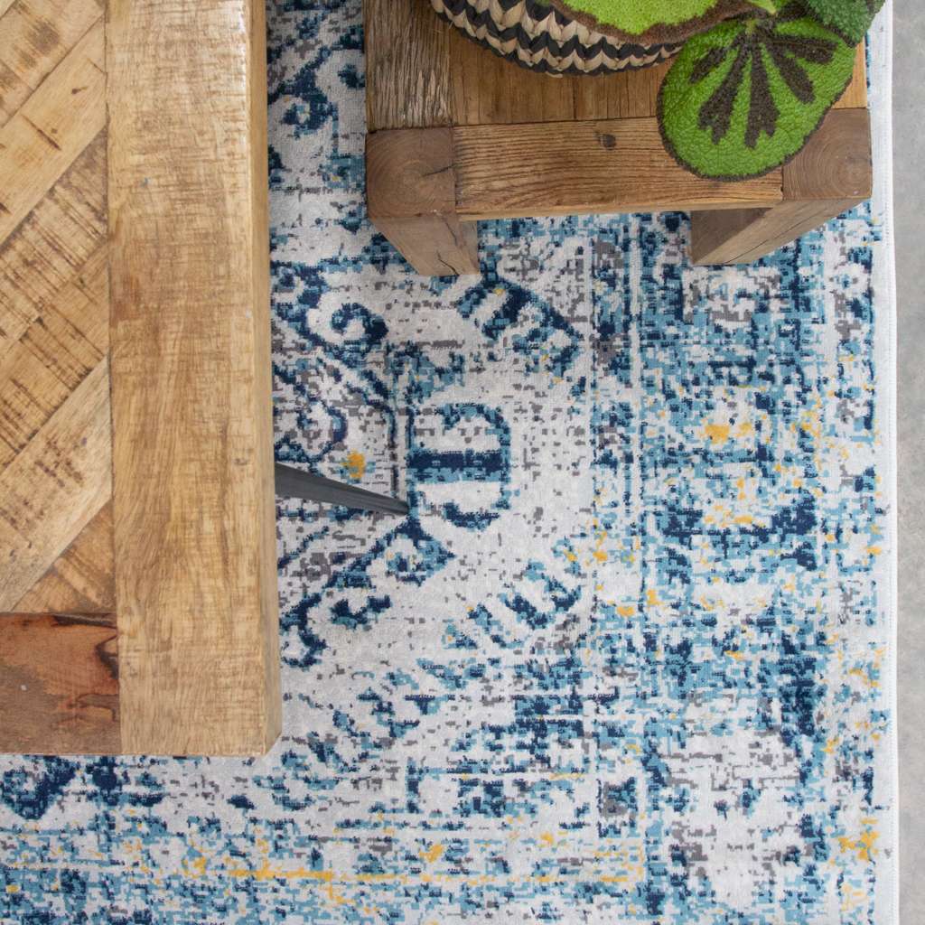 Round Circle Blue Oriental Distressed Vintage Rug - Image 5