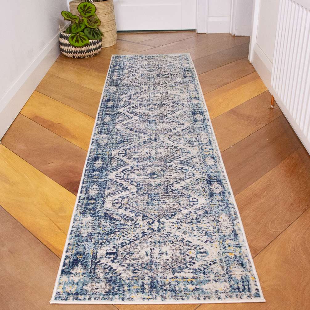 Round Circle Blue Oriental Distressed Vintage Rug - Image 6
