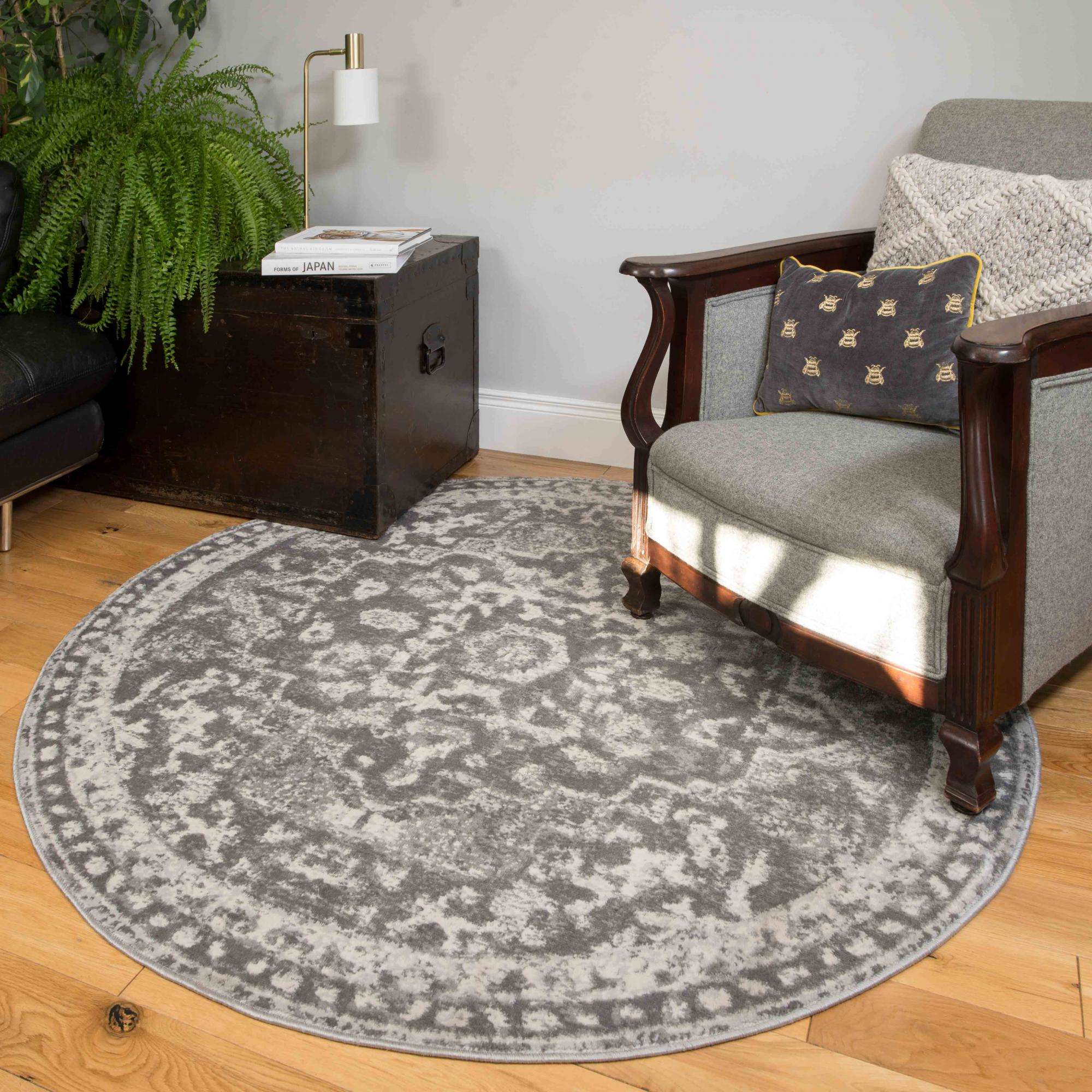 Round Circle Faded Distressed Grey Oriental Rug - Image 2