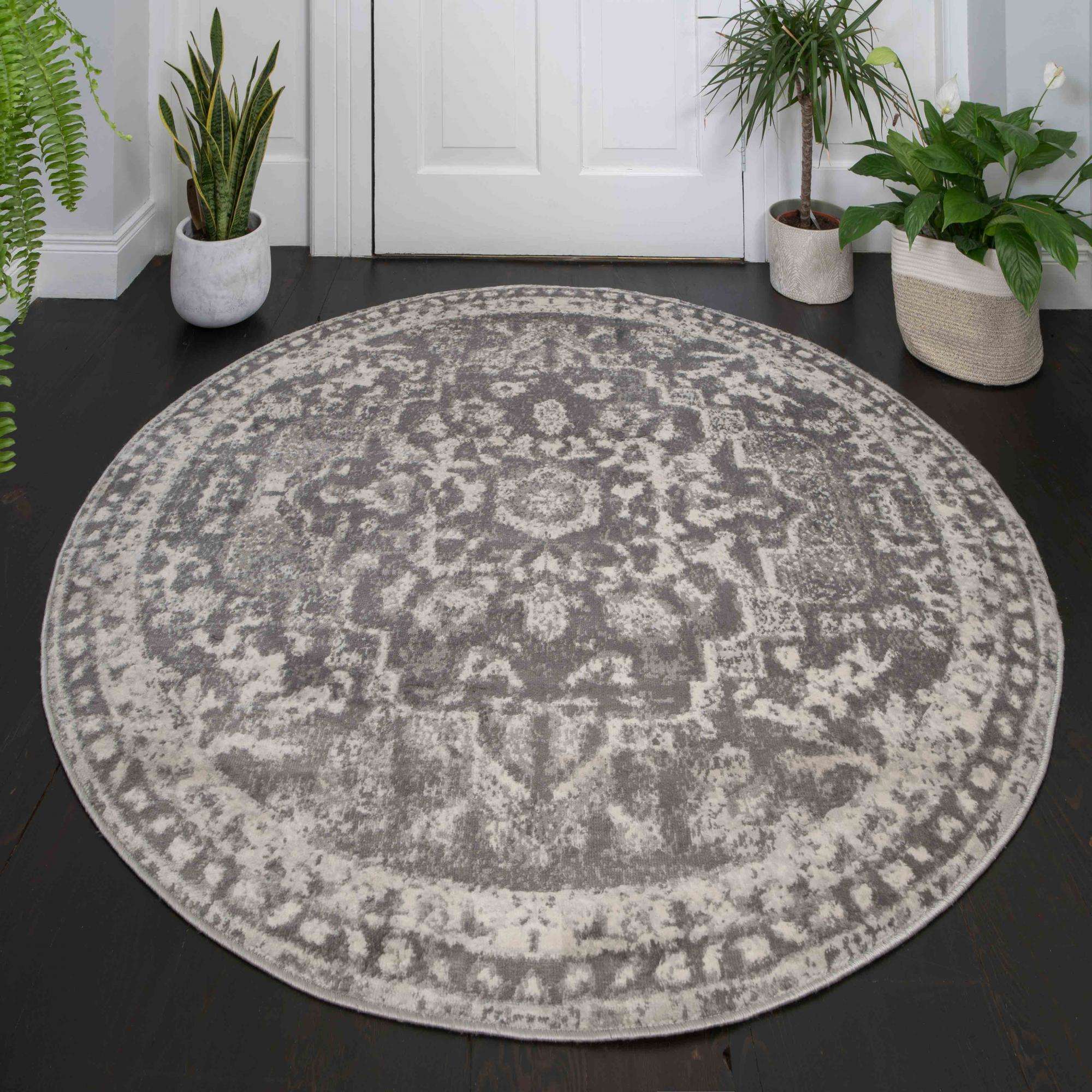 Round Circle Faded Distressed Grey Oriental Rug - Image 3