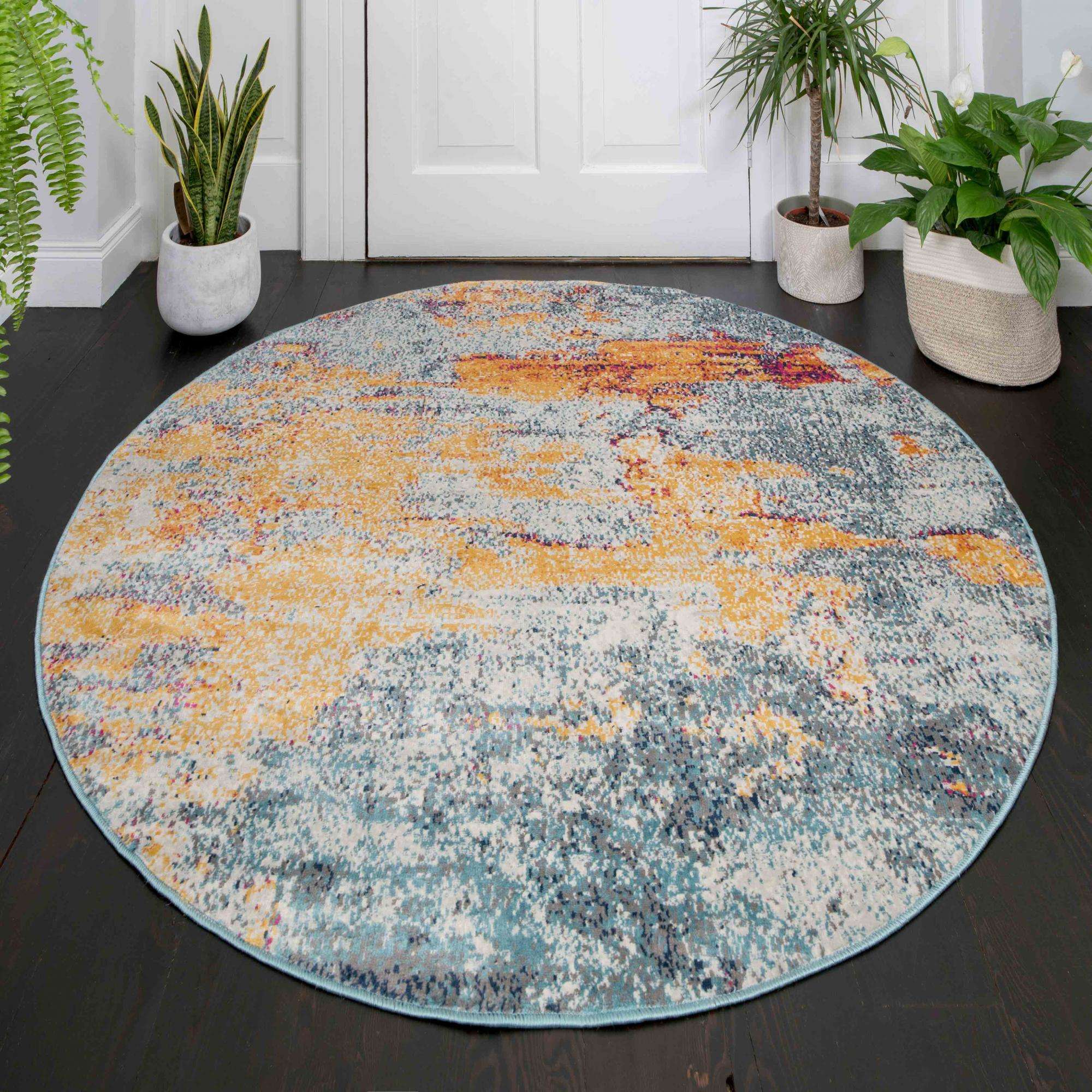 Round Circle Gold Blue Distressed Living Room Rug - Image 3